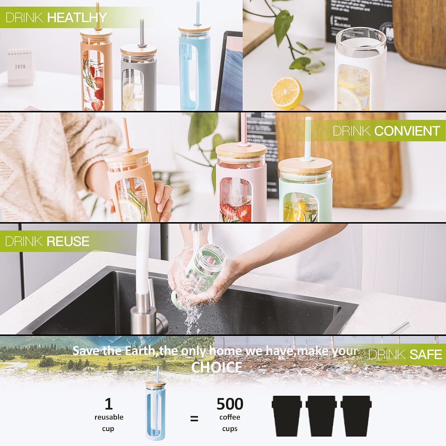 Kodrine – Botella de agua de vidrio de 24onzas con popote y tapa, vaso para licuados de boca ancha, funda protectora de silicona libre de BPA, color