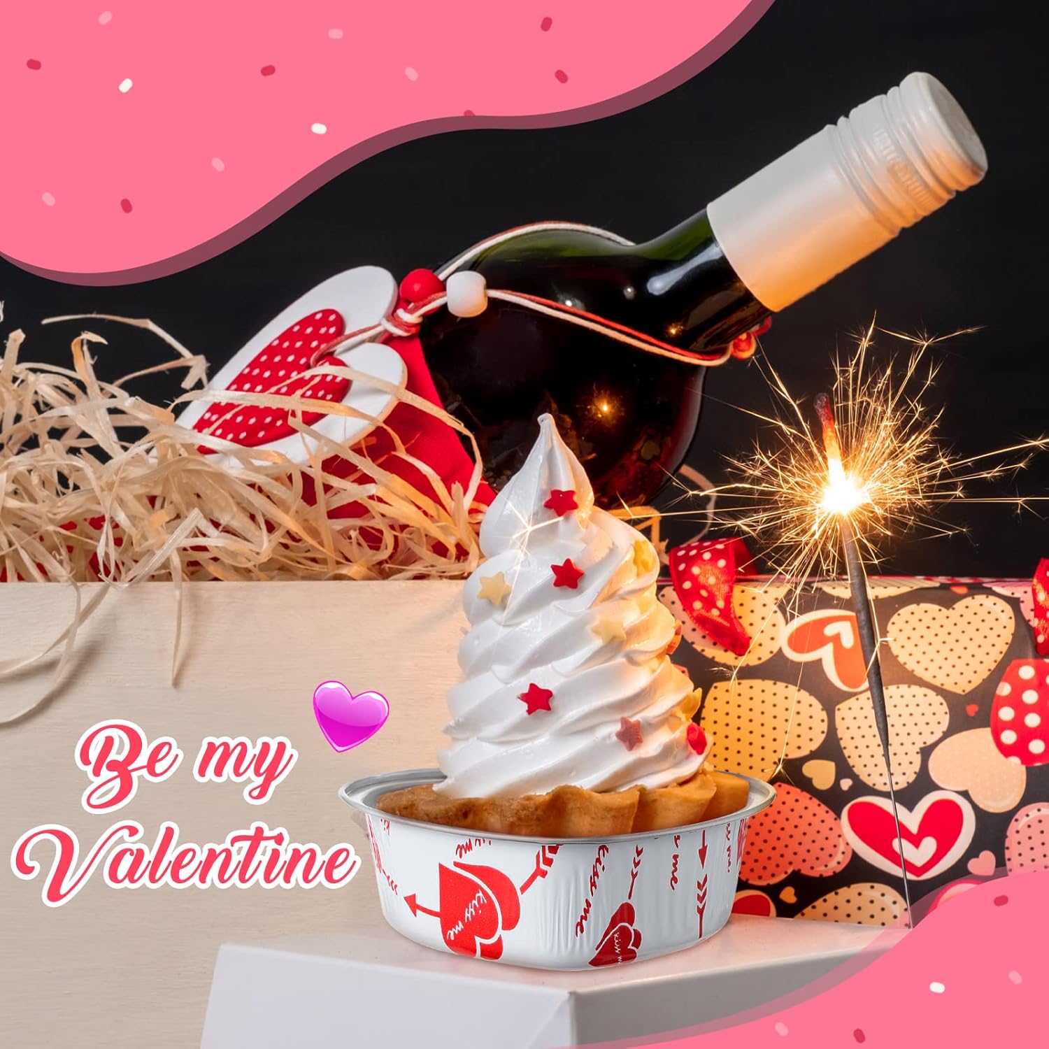 50 juegos de moldes para tartas en forma de corazón de San Valentín con tapas, de papel de aluminio, moldes para cupcakes de 3.4 onzas, mini moldes
