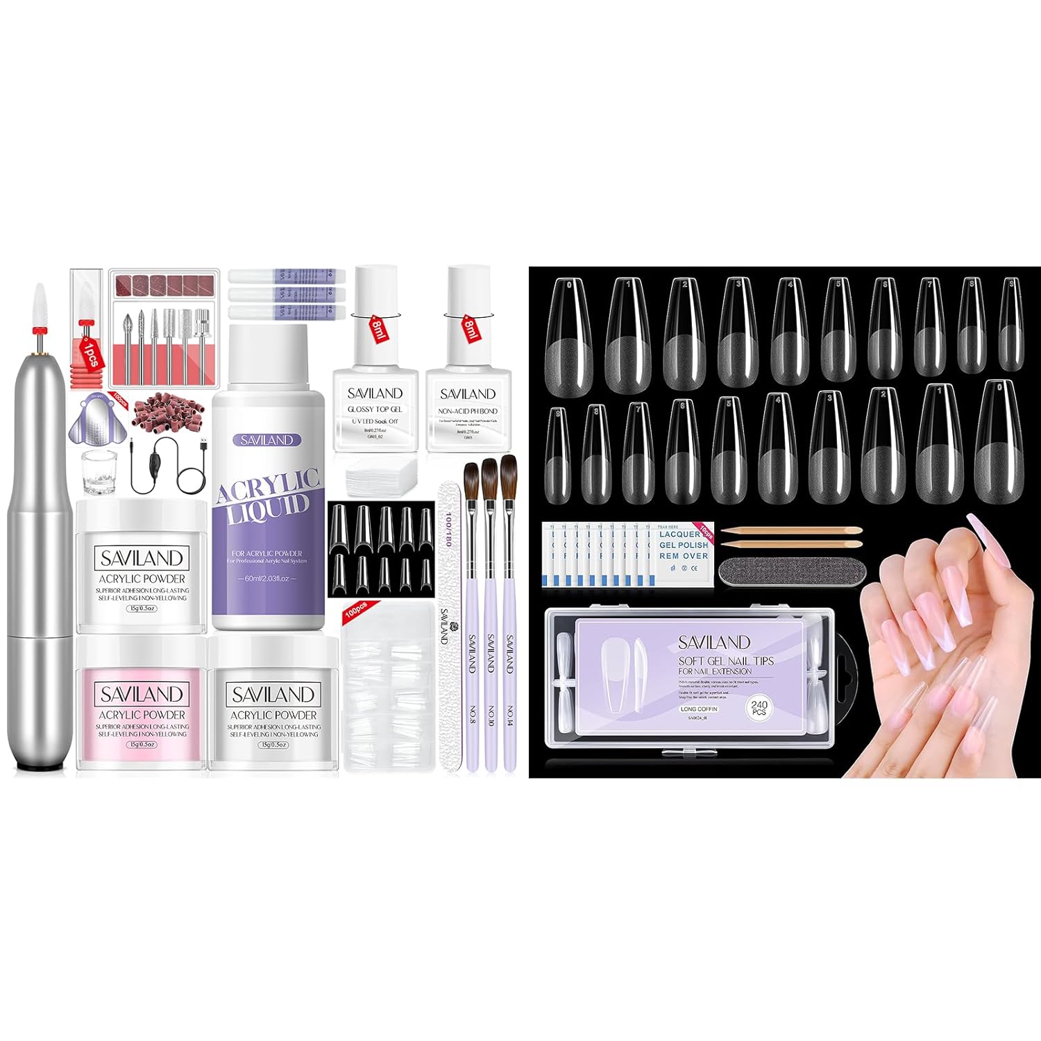 Saviland Kit de uñas acrílicas con taladro y pegamento para uñas, 3 colores de polvo acrílico y líquido, juego de pinceles de uñas acrílicas, juego
