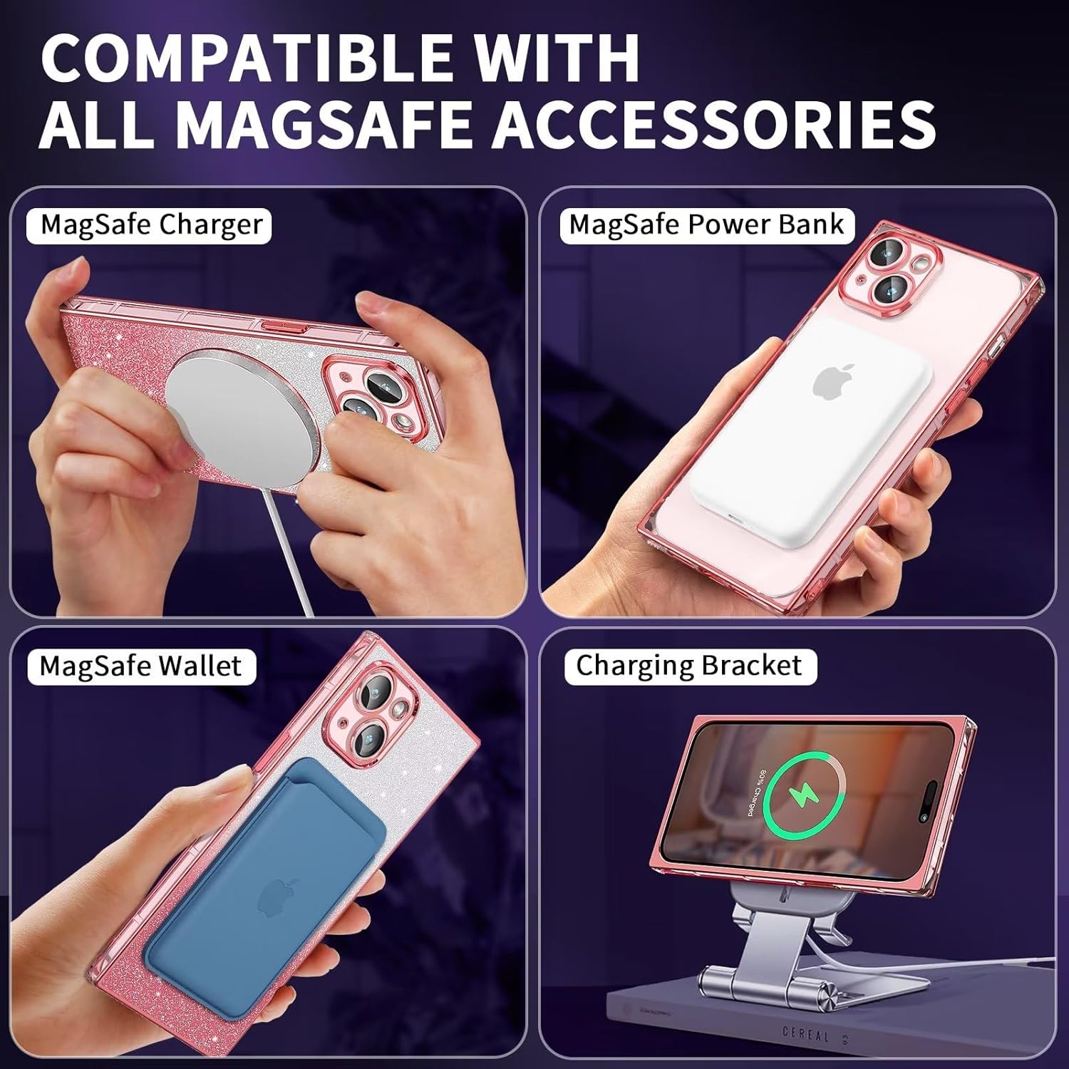 Funda magnética cuadrada para iPhone 15 Plus compatible con MagSafe protección completa de la lente, patrón de corazón lindo y cubierta brillante