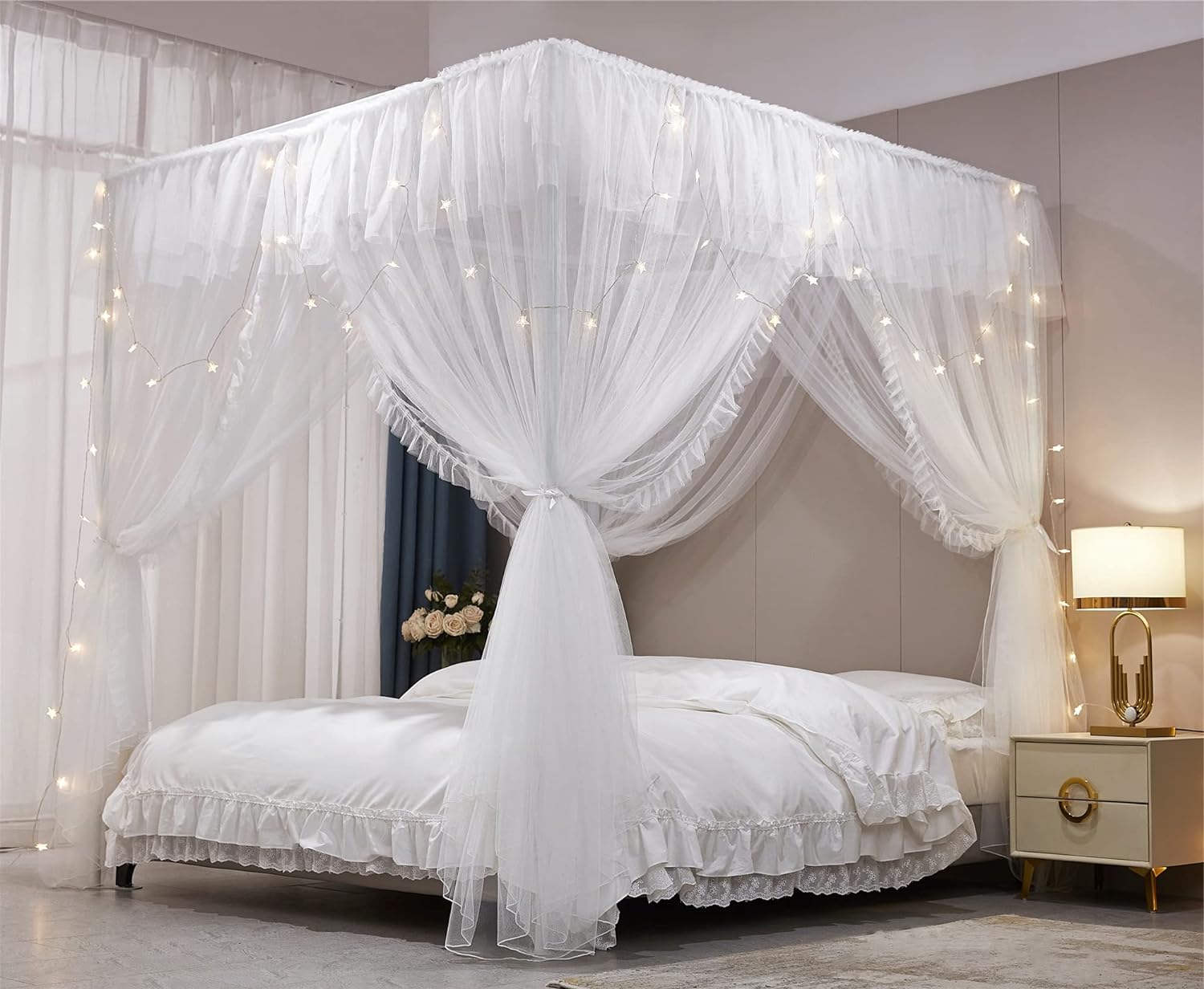 VETHIN Cortina de cama de princesa con volantes de 4 esquinas, doble capa, acogedora red mosquitera de 4 aperturas para niñas y adultos, decoración