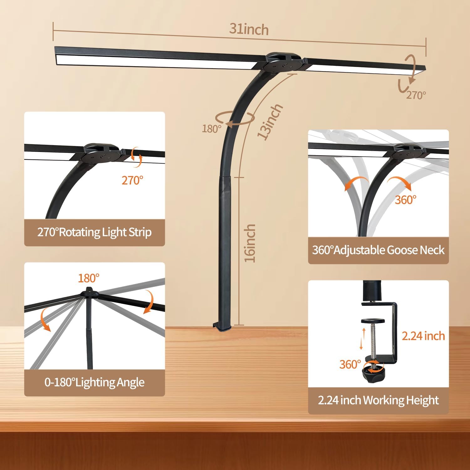 yiluhuanxiao Lámpara de escritorio LED para oficina y hogar, lámpara de doble cabezal con abrazadera con control remoto, cuidado de los ojos, cuello