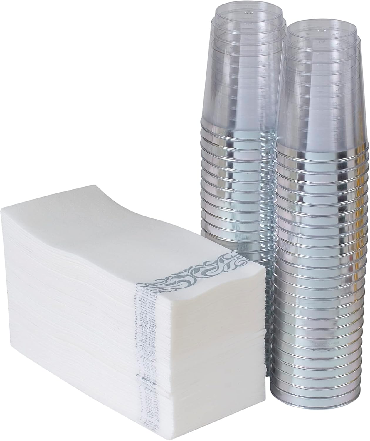 50 servilletas de cena desechables con borde plateado y 50 vasos de plástico desechables con borde plateado de 10 onzas