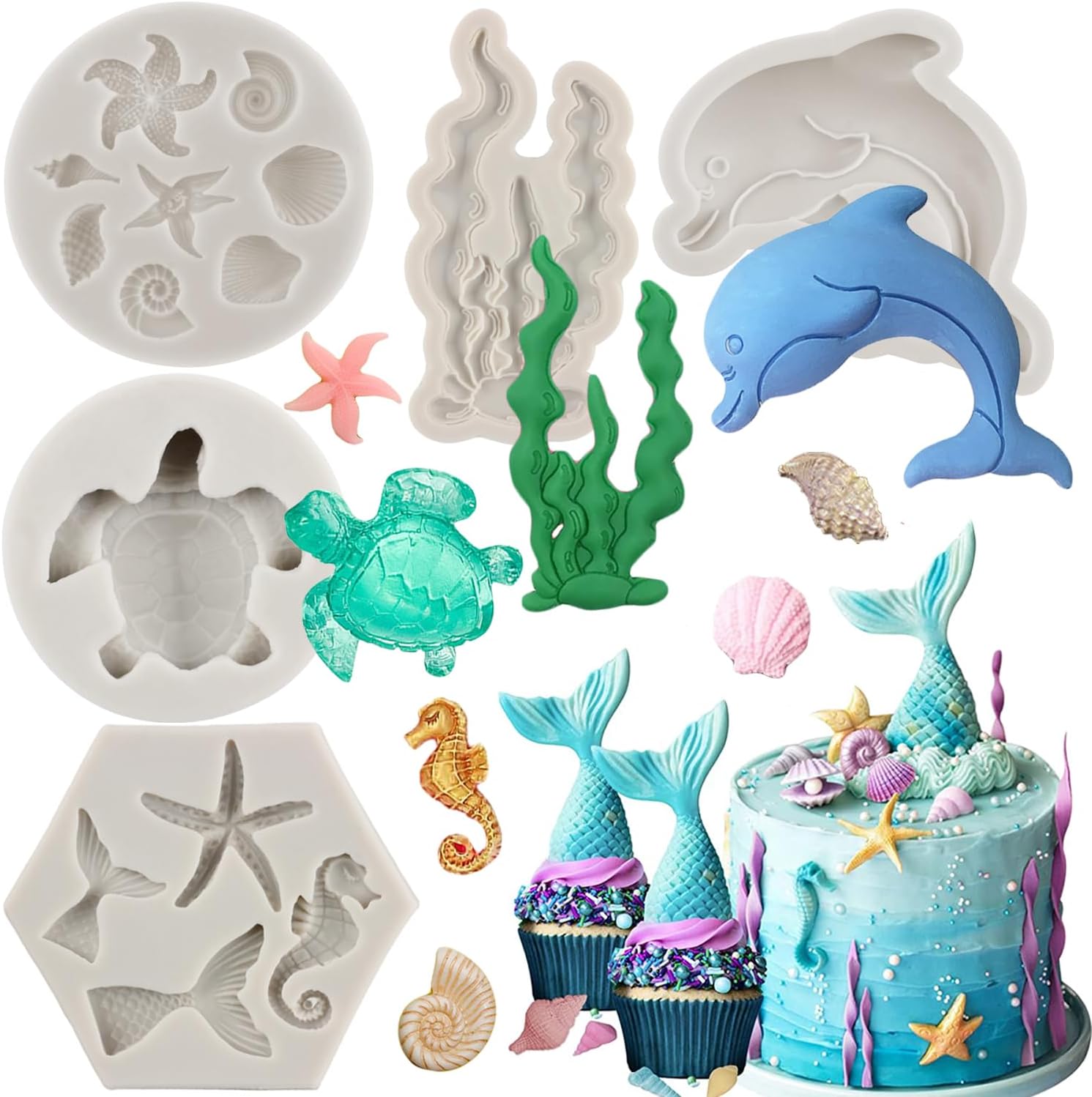 Molde para pastel de fondant con temática marina, sirena, concha, concha, coral, algas marinas, tortugas marinas, delfín, molde de silicona para