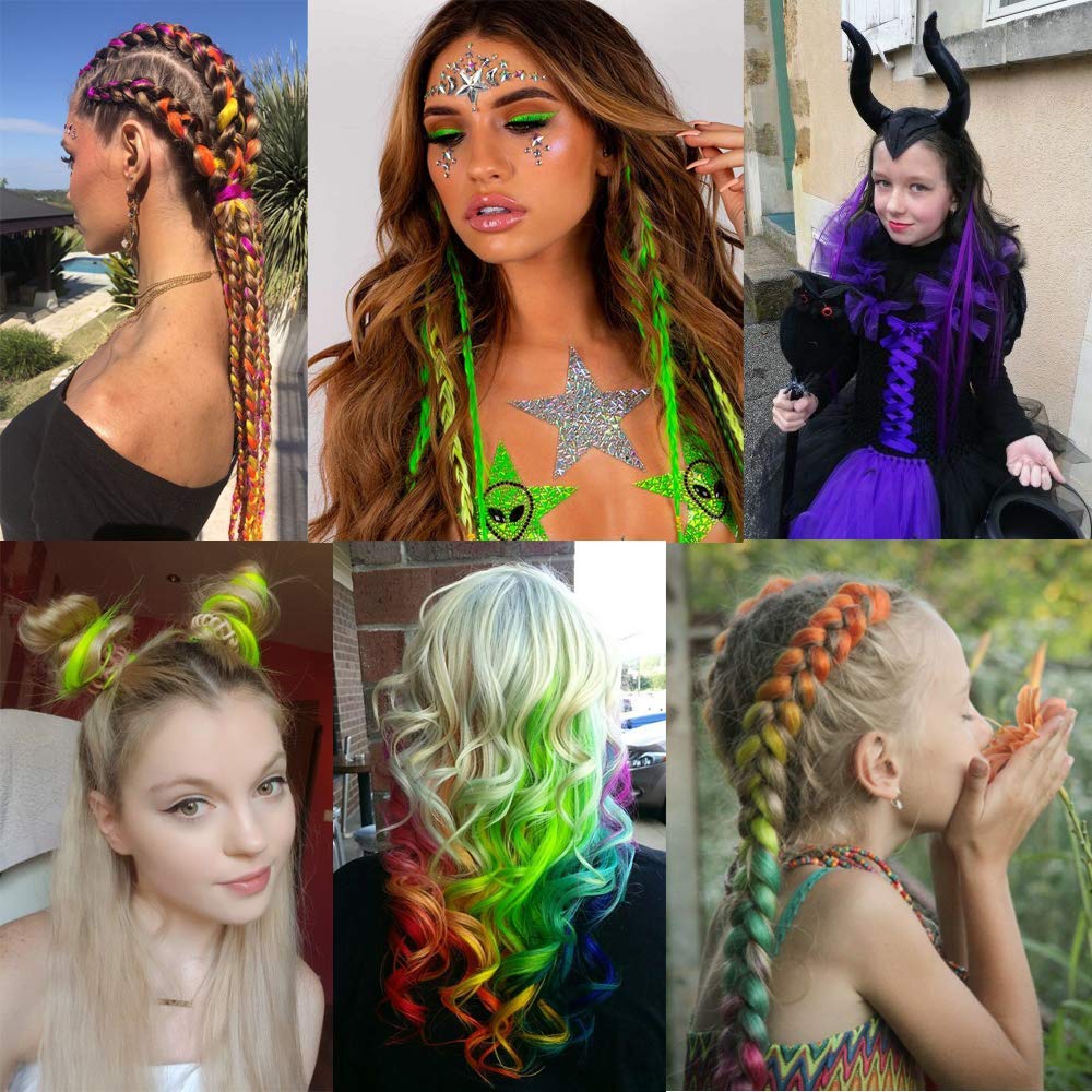 FESHFEN Extensiones de cabello de colores, 16 piezas de 8 colores arcoíris para mujer, extensiones de cabello lacio colorido con clip, disfraces de