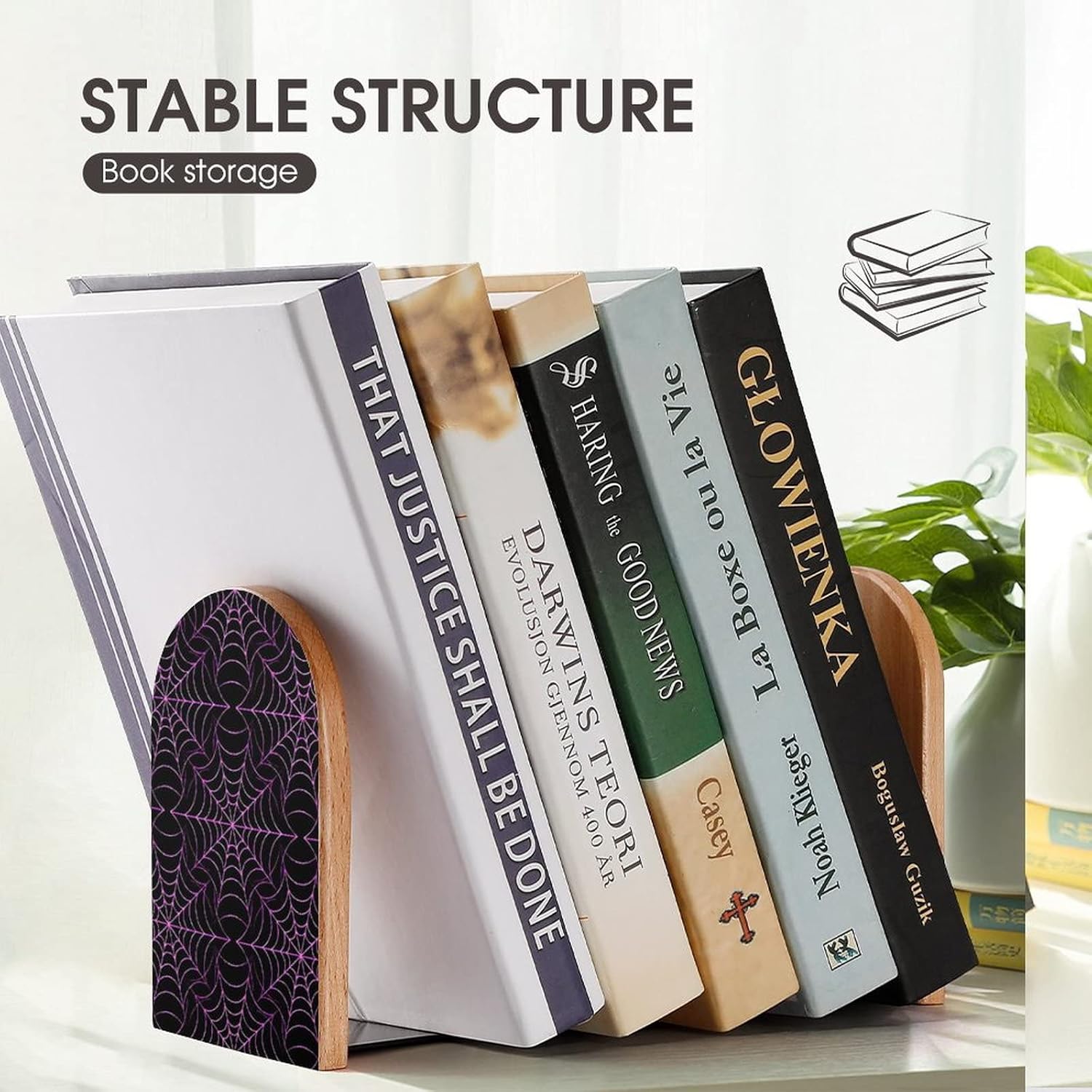 Sujetalibros de madera con diseño de telaraña morada, 1 par para estantes, soporte pesado para libros, 5 x 3 pulgadas