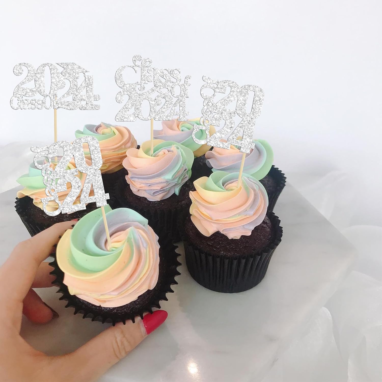 Paquete de 30 decoraciones para cupcakes de graduación 2023 con purpurina para la clase de 2023, decoraciones para la clase de 2023, suministros de