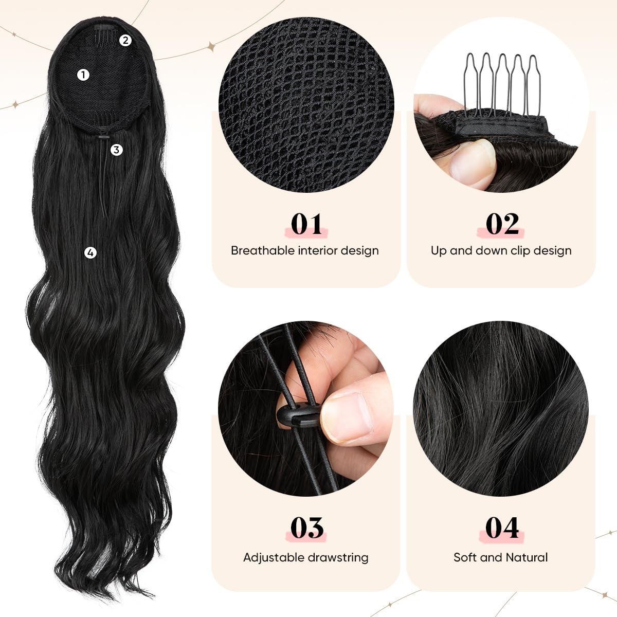 Extensiones de cola de caballo sintéticas resistentes al calor, 26 pulgadas de largo, esponjosas, onduladas, para mujer, color negro