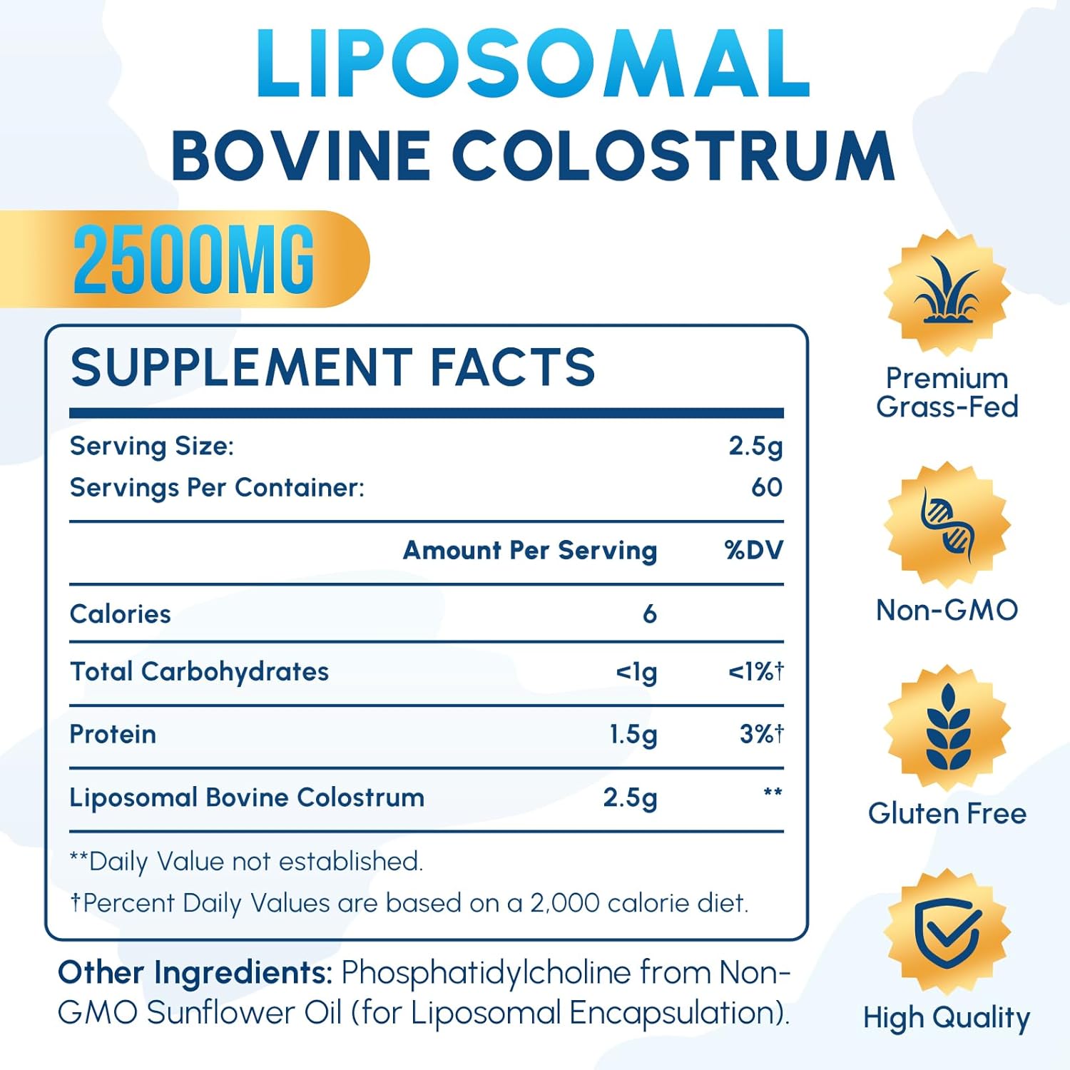Suplemento en polvo de calostro bovino liposomal, 2500 mg, de vacas alimentadas con pasto, alta absorción que el calostro bovino regular para
