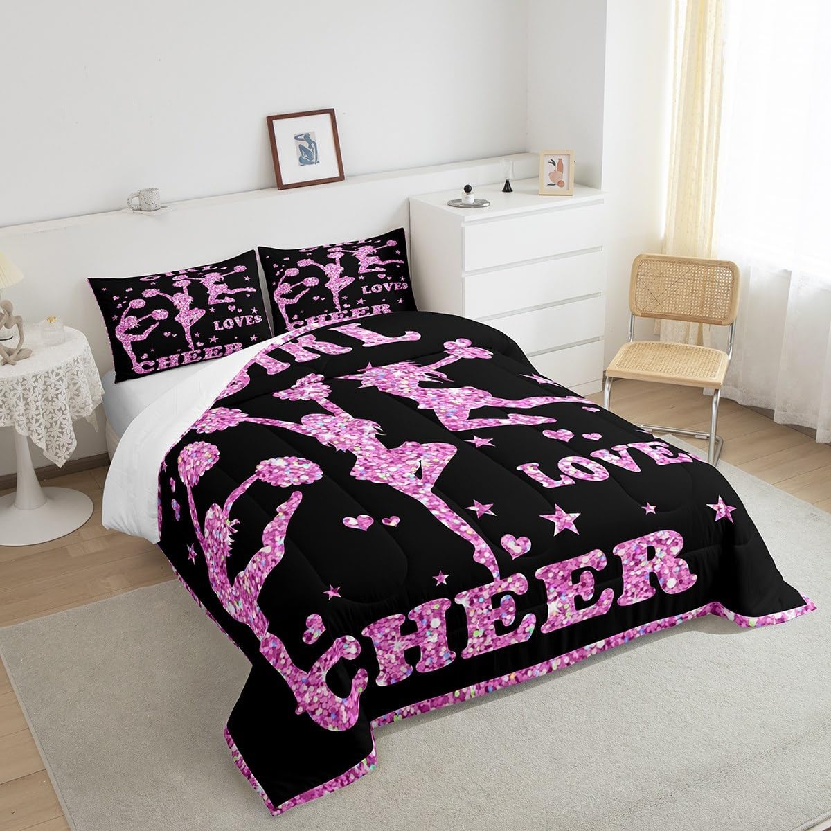 Feelyou Juego de edredón de animadoras para niñas, juego de ropa de cama para hija y niña, decoración con purpurina rosa, juego de edredón de