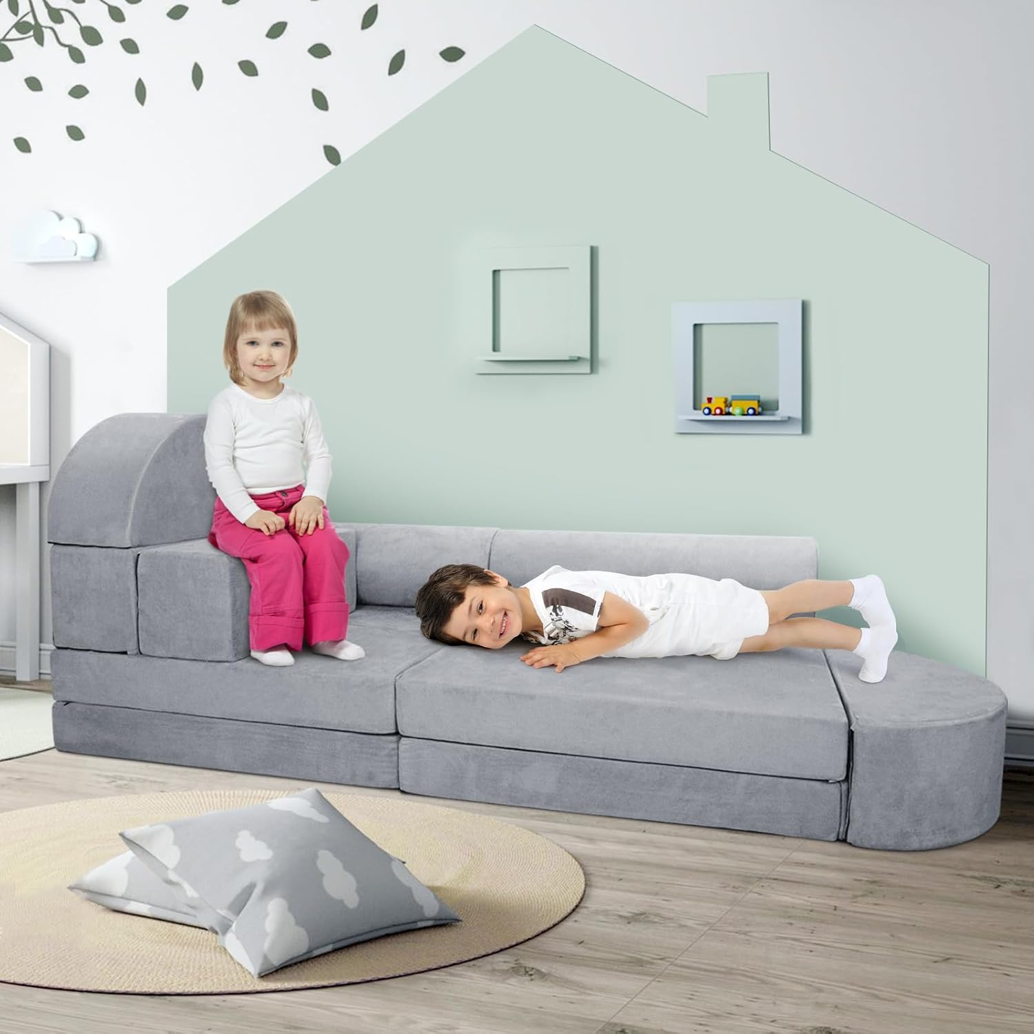 Sofá modular para niños, sofá modular de primera calidad de 63 pulgadas para niños pequeños, adolescentes, muebles ideales para dormitorio, sala de