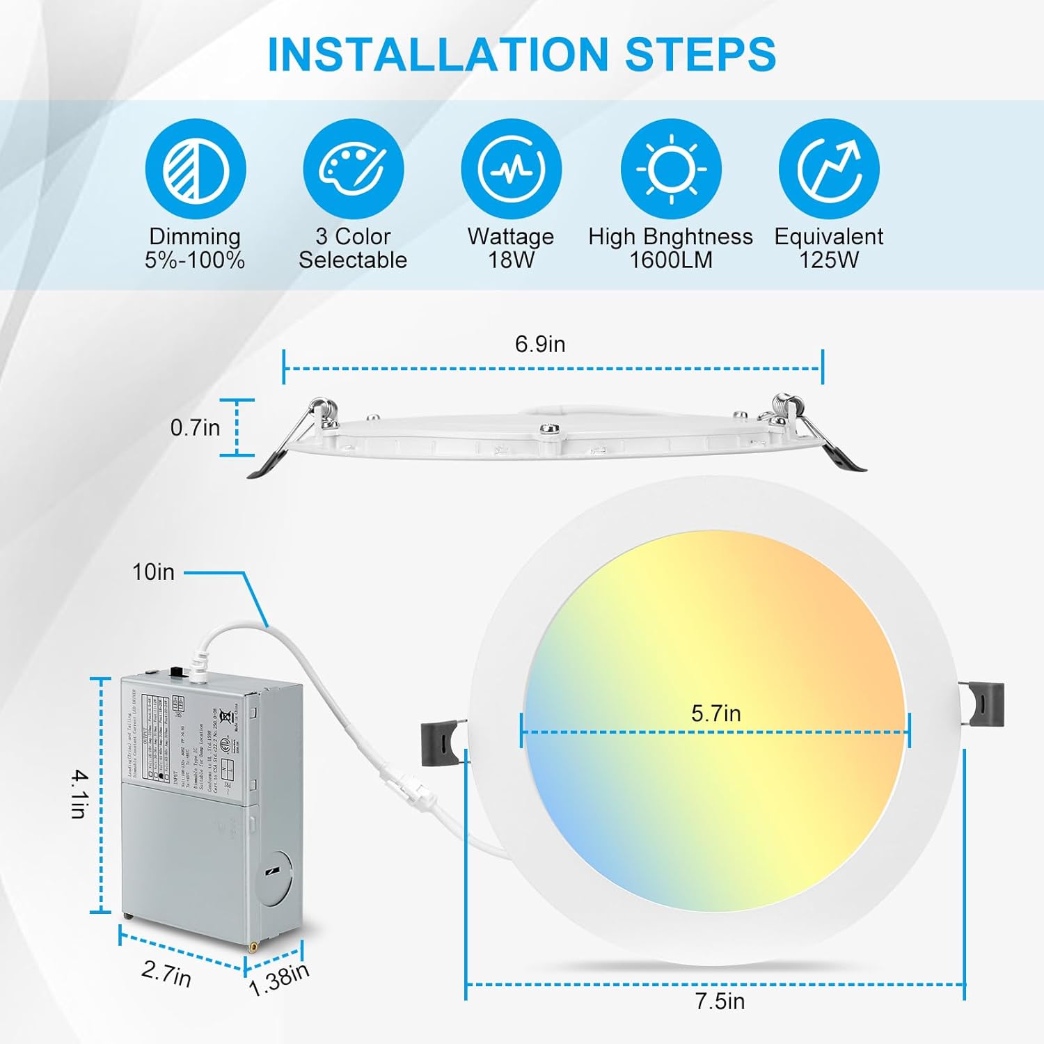Paquete de 6 luces empotrables LED ultrafinas 3CCT de 7 pulgadas con caja de conexiones, 3000 K4500 K6000 K seleccionables, 18 W Eqv 125 W, luz