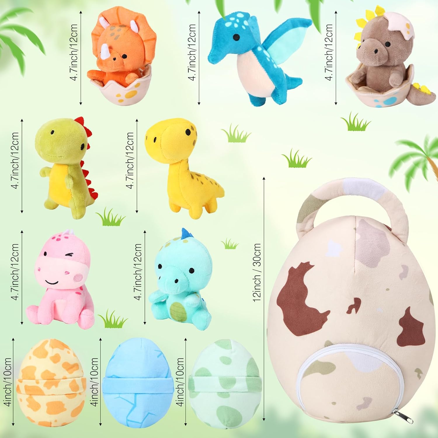 Juego de 11 juguetes de peluche de dinosaurio pequeño y bolsa de huevo, lindos animales de peluche, juguetes de peluche suaves de dinosaurio,