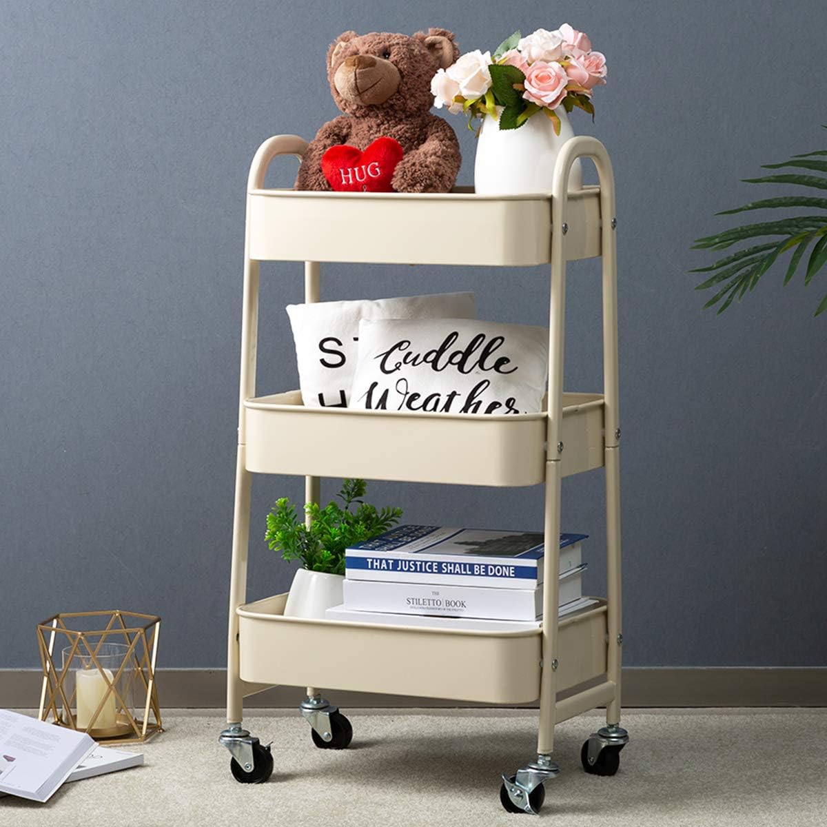 AGTEK Carrito de maquillaje, Carrito organizador móvil rodante,Carrito utilitario de metal de 3 niveles, Beige