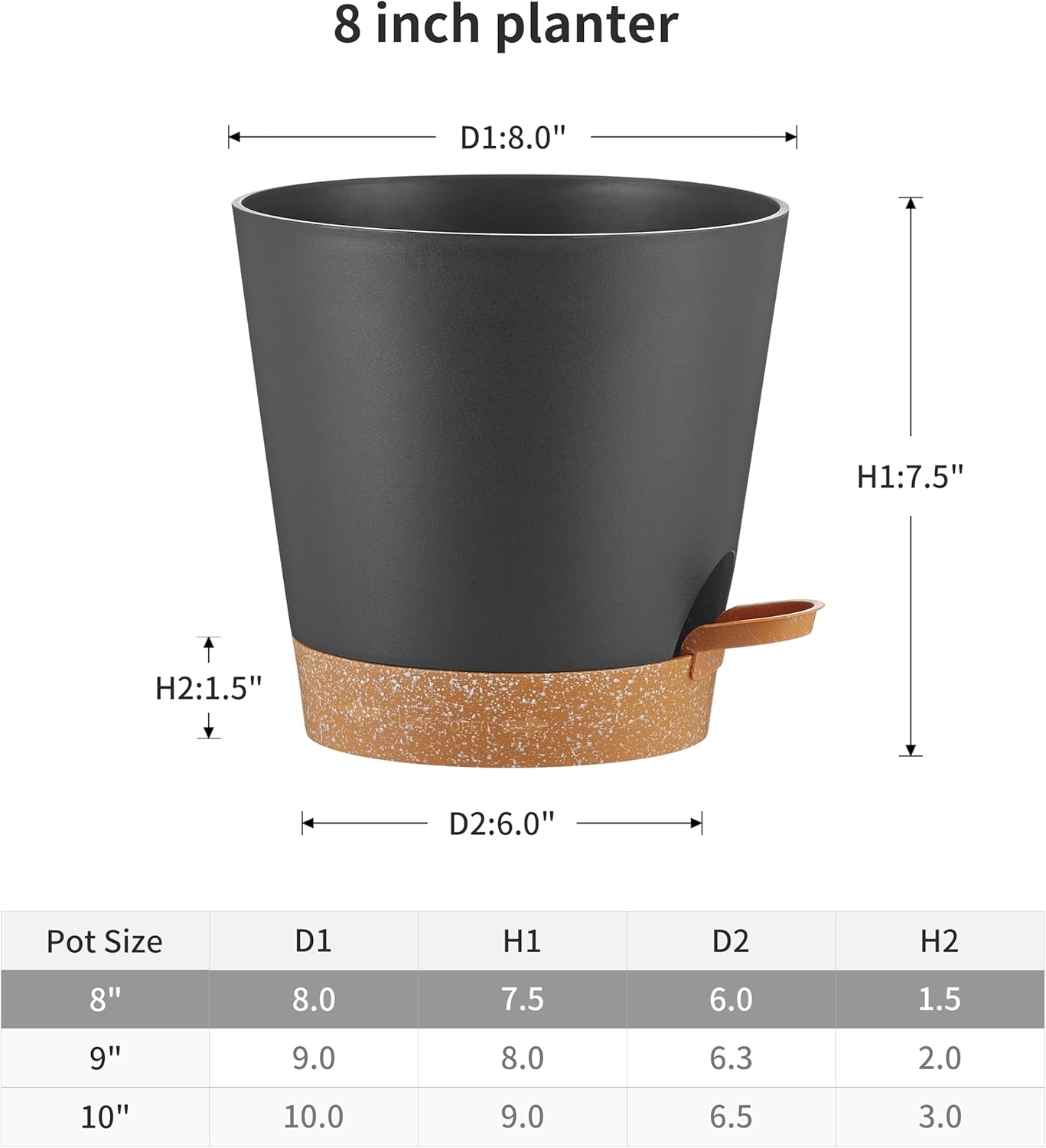 FaithLand Paquete de 2 macetas de 8 pulgadas para plantas de interior y exterior, macetas de riego automático con depósito profundo, color negro con