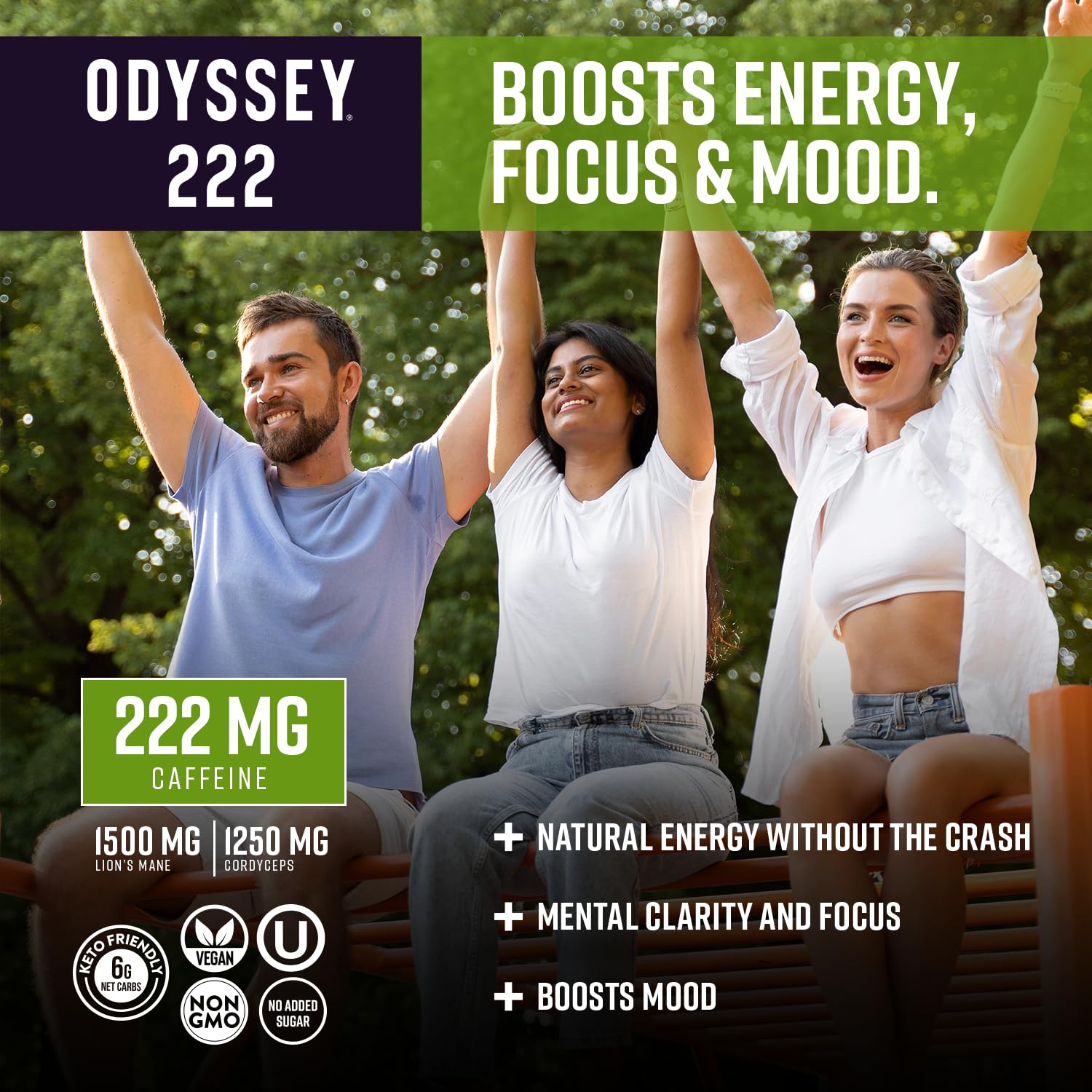 Odyssey – Bebida energética 222, preentrenamiento, 222 mg de cafeína, bebidas energéticas limpias, L teanina, melena de león, cordyceps y té verde