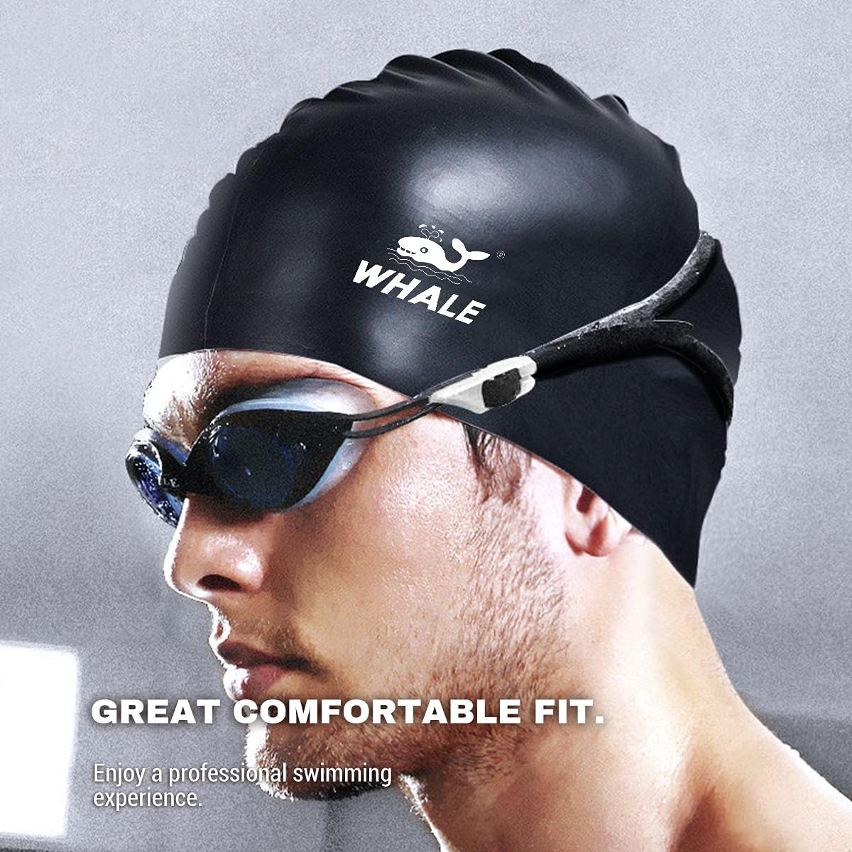 WHALE Extra Large Swim Cap for Women Men, Durable Silicone Swimming Hat with Ear Protection, Unisex Adults Bath Swimming Caps for Long Thick Curly