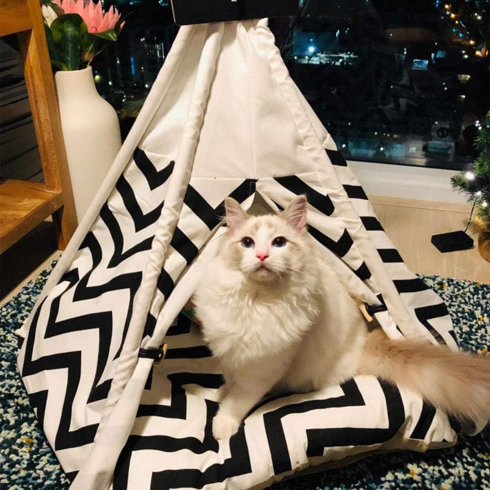 Tienda de campaña tipi para mascotas, para perros, cachorros, gatos, lona blanca, linda casa tipi para mascotas con cojín, 24 pulgadas, interior y