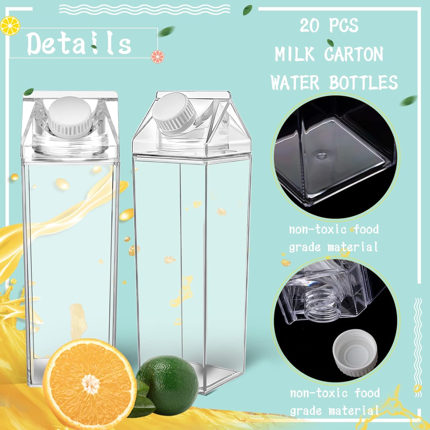 Foaincore 20 botellas de agua transparentes de cartón de leche de 17 onzas, botellas de leche cuadradas de plástico a granel, portátiles,