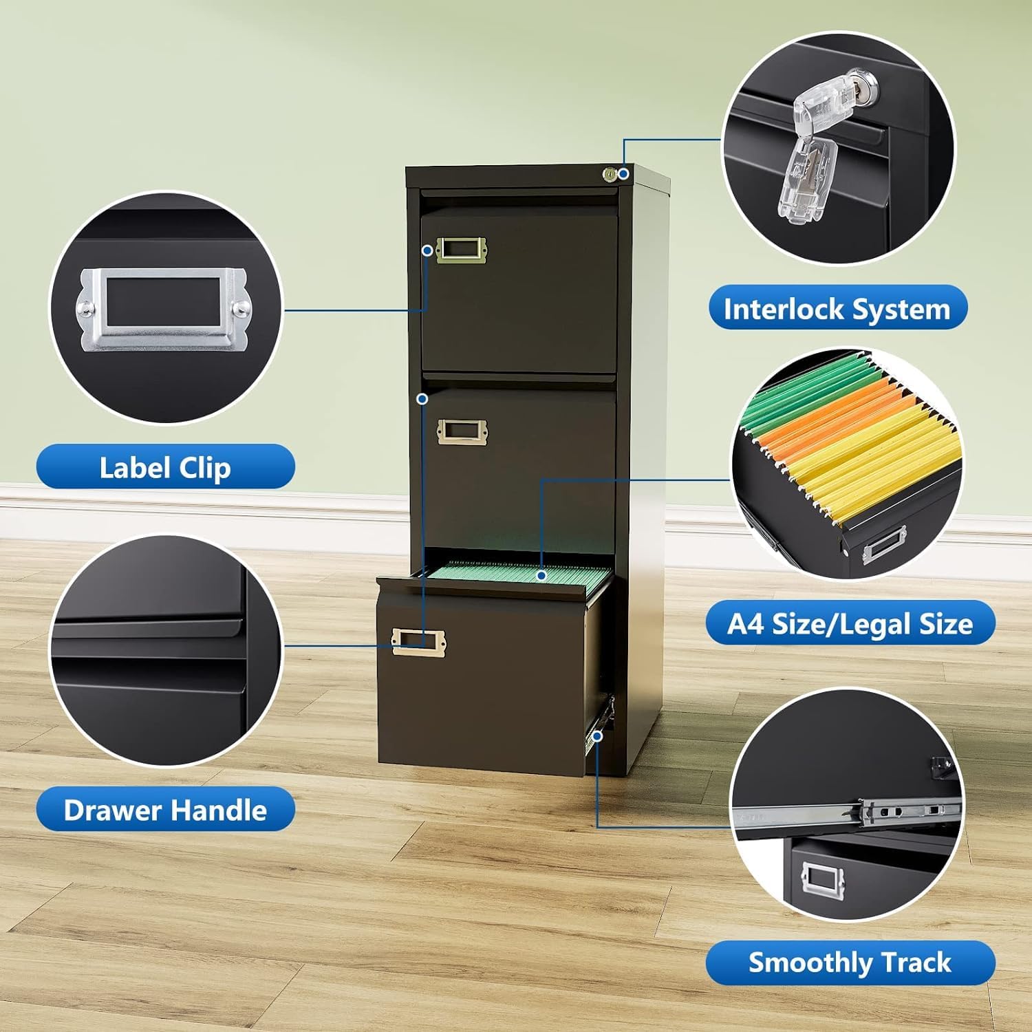 Archivador de 3 cajones para oficina en casa, archivador vertical con cerradura, archivador de metal con bloqueo, archivador pequeño organizador