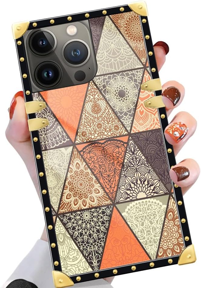 Funda cuadrada compatible con iPhone 14 Pro Max (6.7 pulgadas), diseño retro de mandala dorado, de lujo, suave TPU duro, parte trasera de