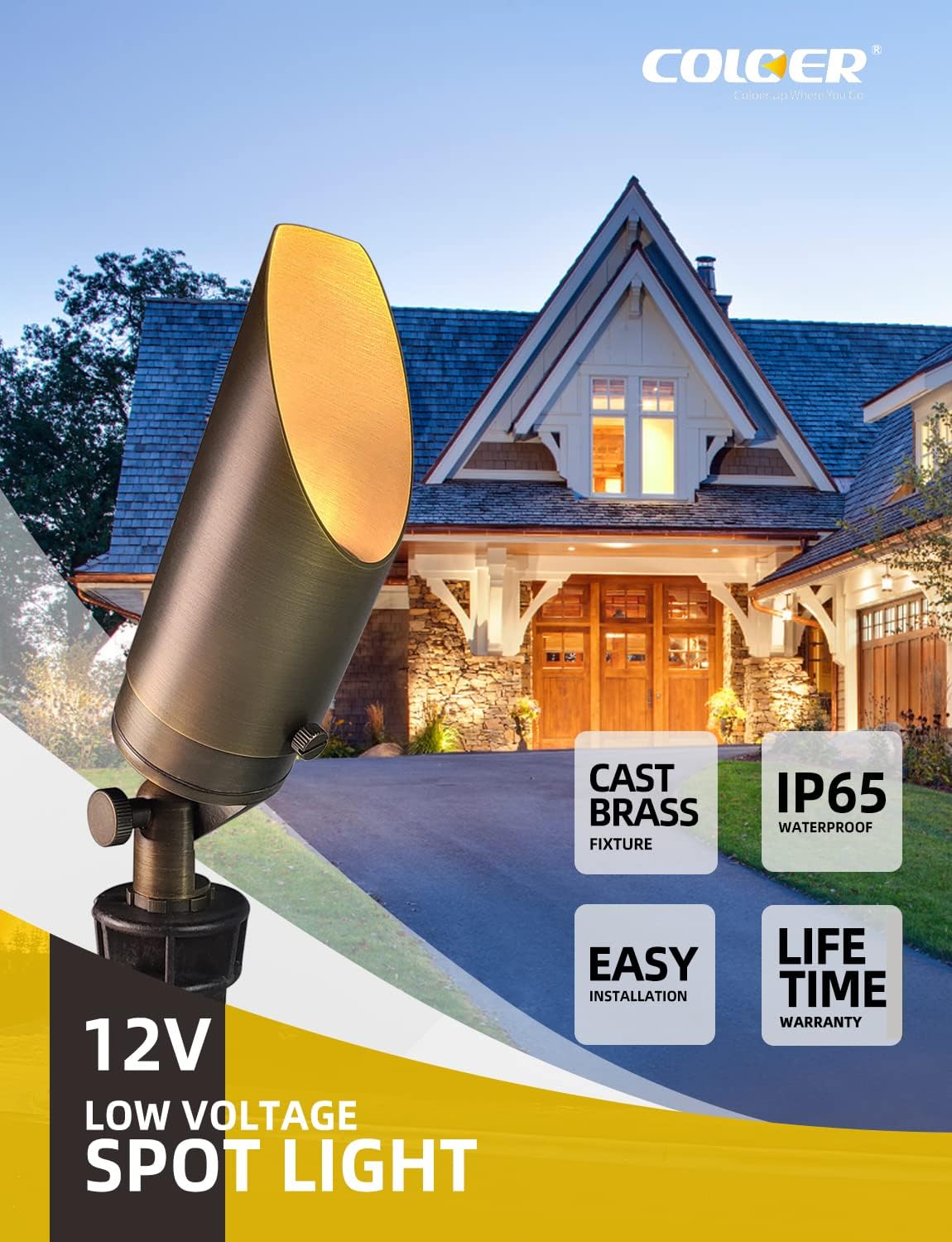 COLOER Focos de paisaje de latón fundido a presión, paquete de 6 focos para exteriores con kit de bombilla LED MR16 de 5 W, estaca de tierra
