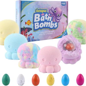 Bombas de baño para niños con juguetes sorpresa en el interior, juego de bombas de baño de pulpo, regalo con dinosaurio, 6 aromas × 4.23 onzas Bombas de baño para niños con juguetes sorpresa en el interior, juego de bombas de baño de pulpo, regalo con dinosaurio, 6 aromas × 4.23 onzas