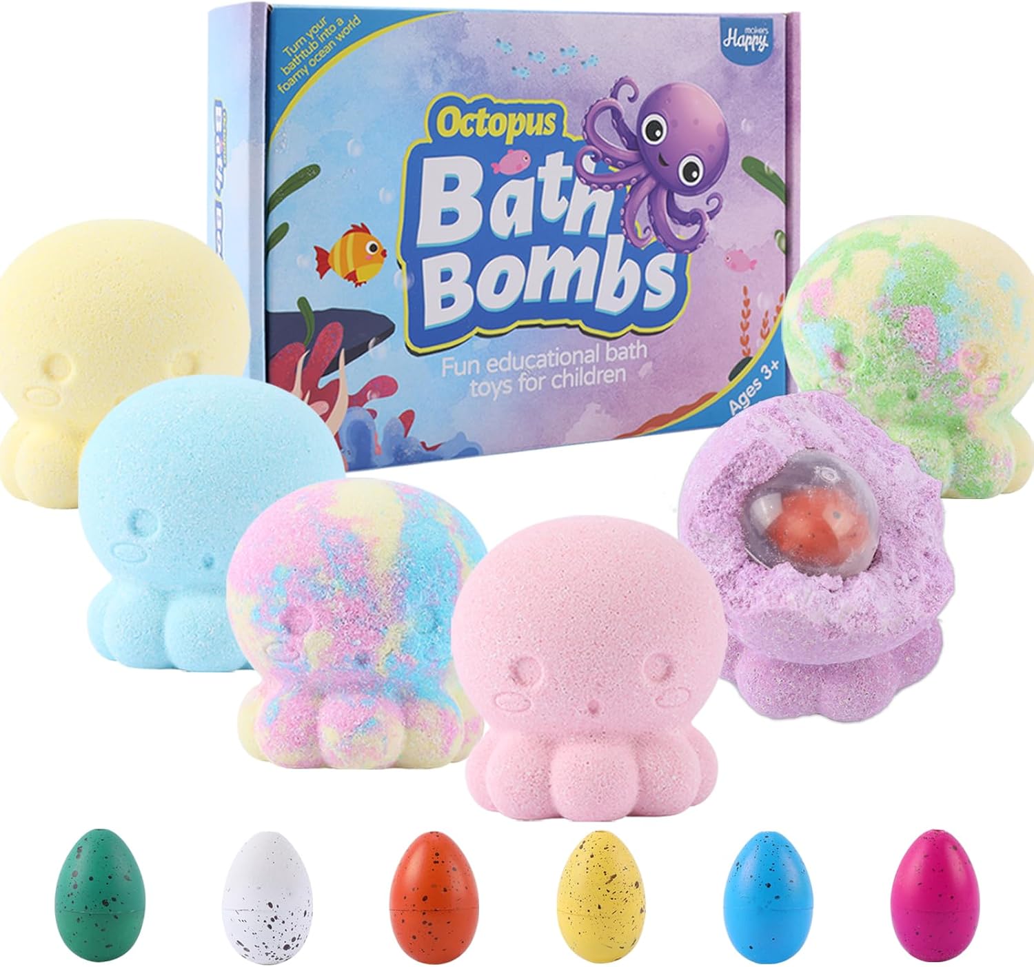 Bombas de baño para niños con juguetes sorpresa en el interior, juego de bombas de baño de pulpo, regalo con dinosaurio, 6 aromas × 4.23 onzas
