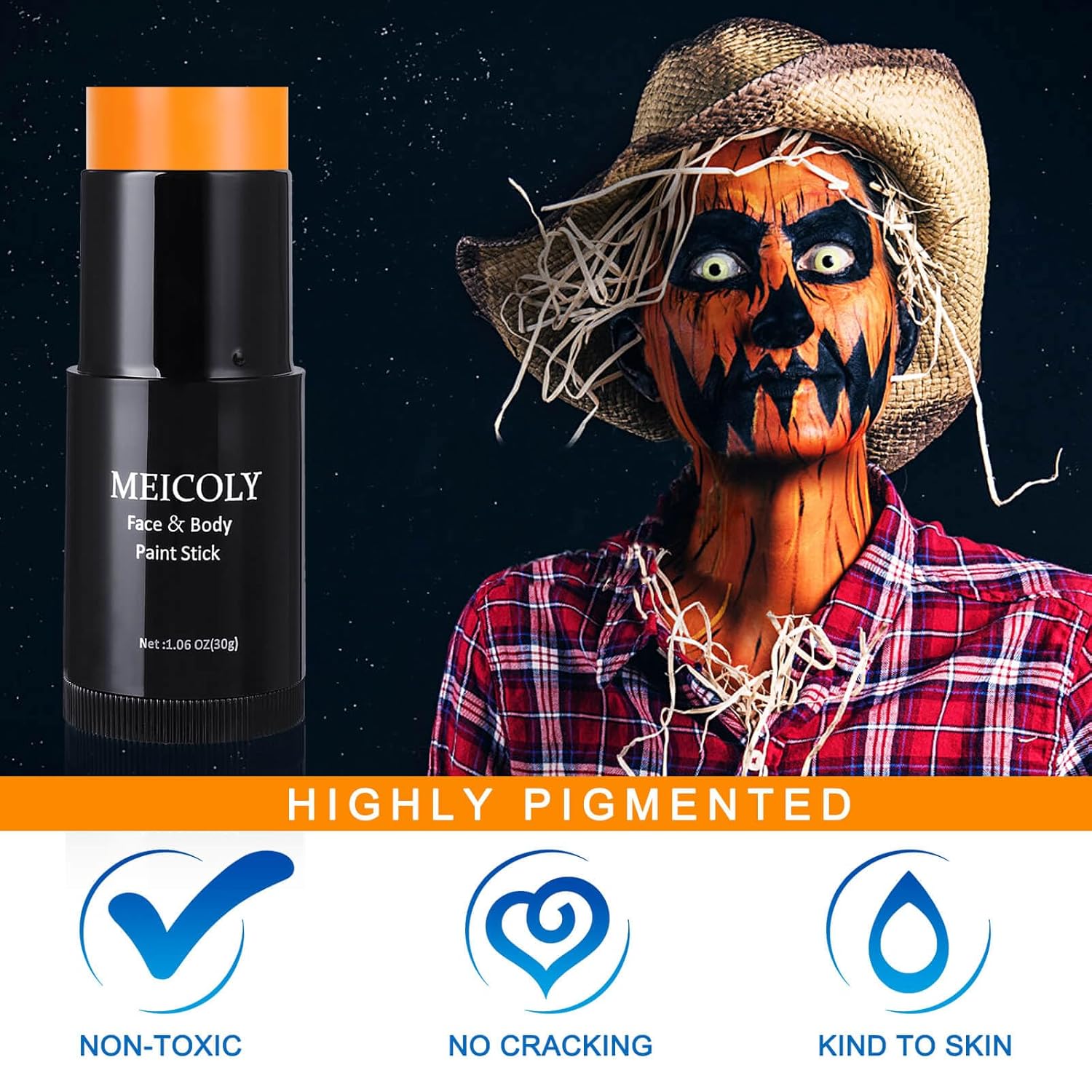 MEICOLY Barra de pintura facial naranja (1.06 onzas), barra de pintura de cuerpo completo mezclable en crema, béisbol negro de ojo naranja,