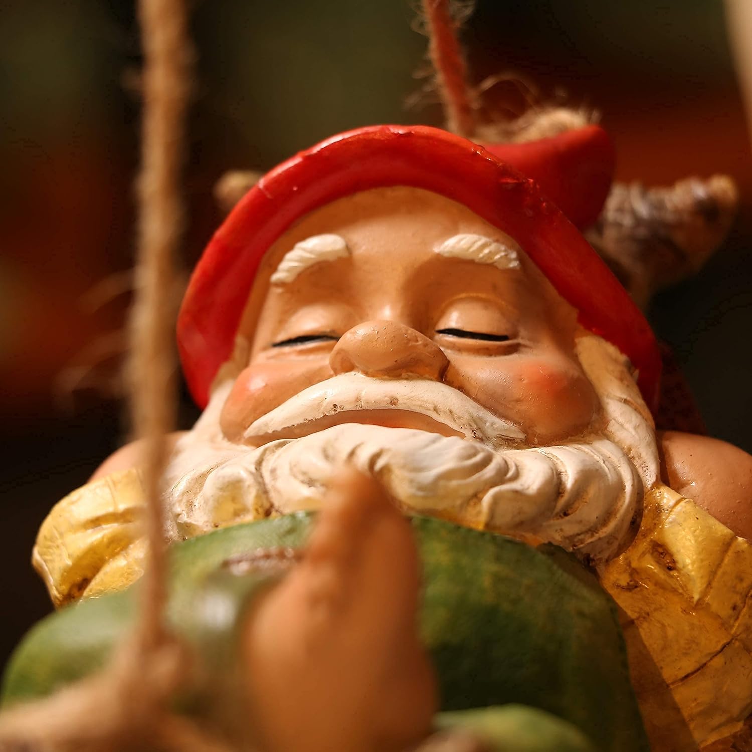Divertidos gnomos de jardín, bonitos gnomos decorativos para exteriores, estatua colgante para exteriores, gnomo soñoliento en hamaca de hojas