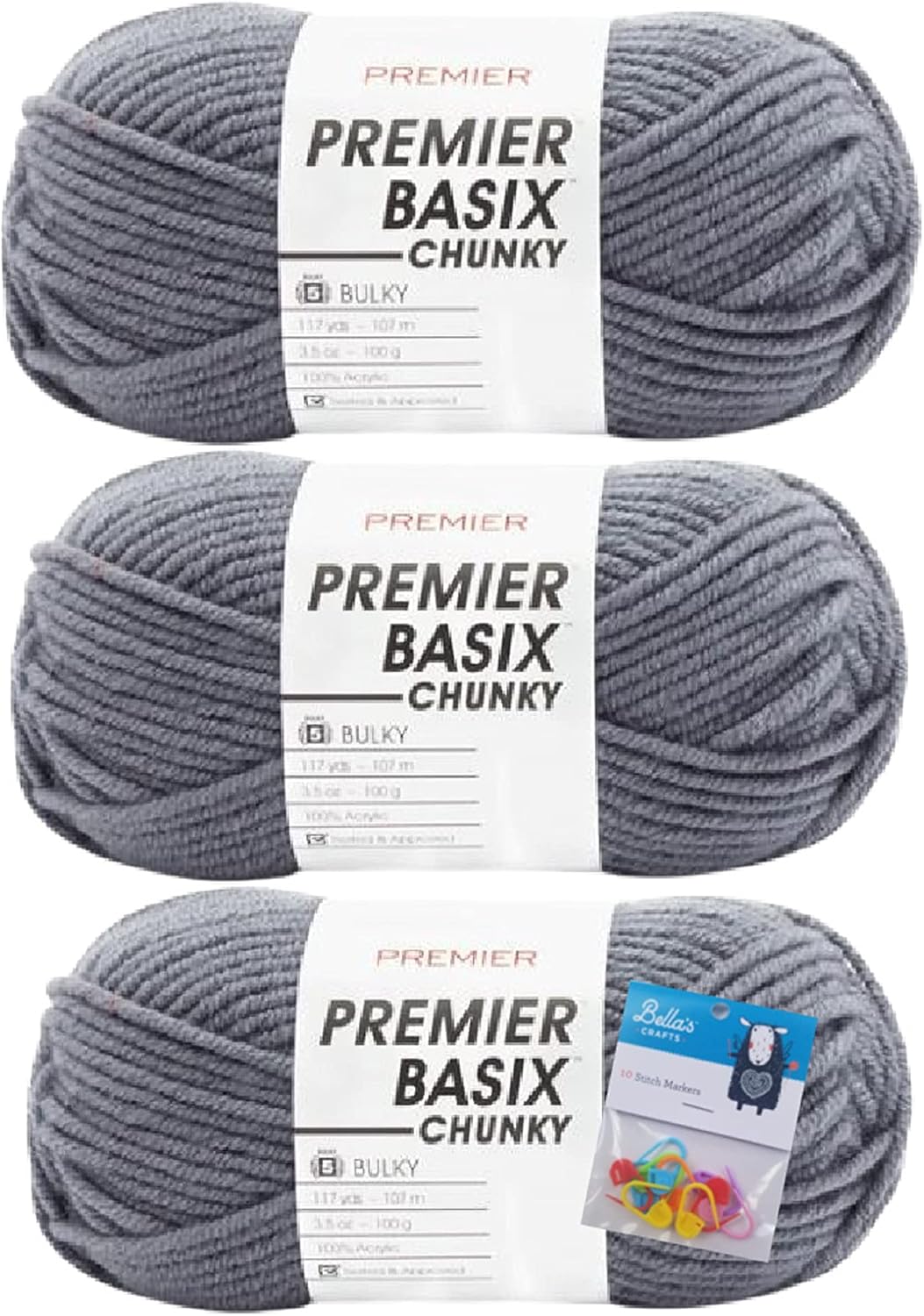 Premier Yarns Basix – Hilo grueso, 3.5 onzas, peso voluminoso #5, paquete con marcadores de puntada Bella’s Crafts (pizarra)