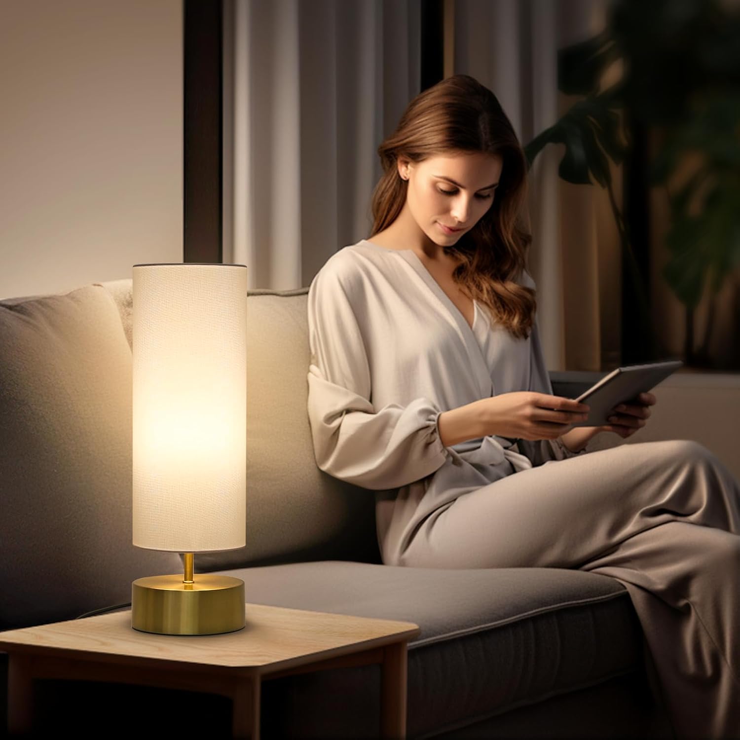 Lámpara de mesa regulable de 3 vías, lámpara de mesa de noche con control táctil con pantalla blanca, lámpara táctil moderna dorada, lámpara de mesa