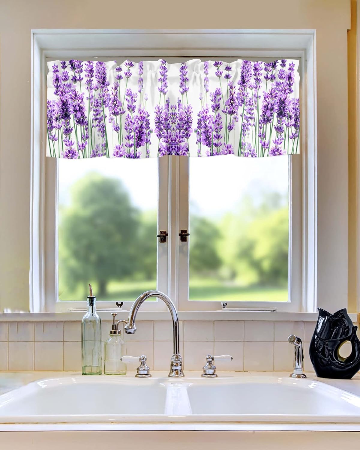 Cortina de cenefas de lavanda púrpura pastoral para cocina, cafetería, cenefa floral de primavera de 42 x 12 pulgadas, bolsillo para barra, cortinas