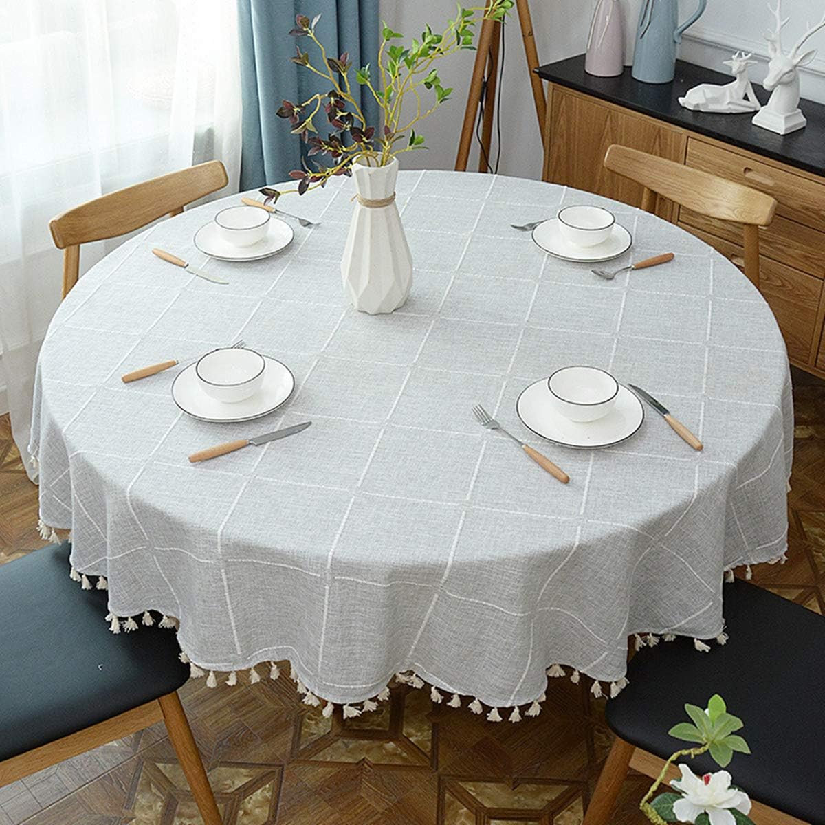 Mantel de lino y algodón pesado, mantel redondo con borlas a cuadros para decoración de mesa de cocina, comedor, redondo, 78 pulgadas, color gris