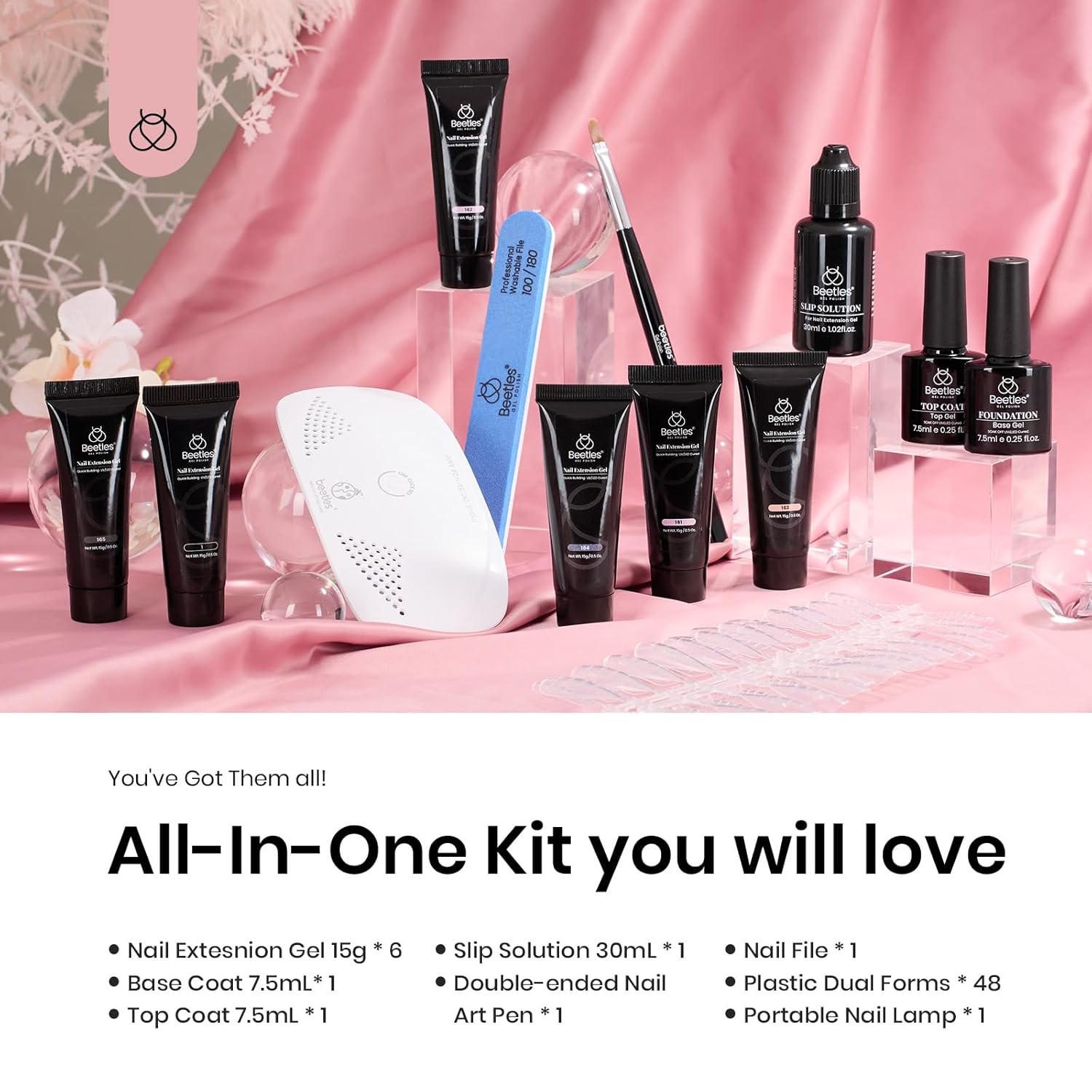 Beetles – Kit de extensión de uñas de polietileno con kit de luz UV, 6 colores transparente, blanco, rosa, verde, todo en uno, juego de uñas de gel