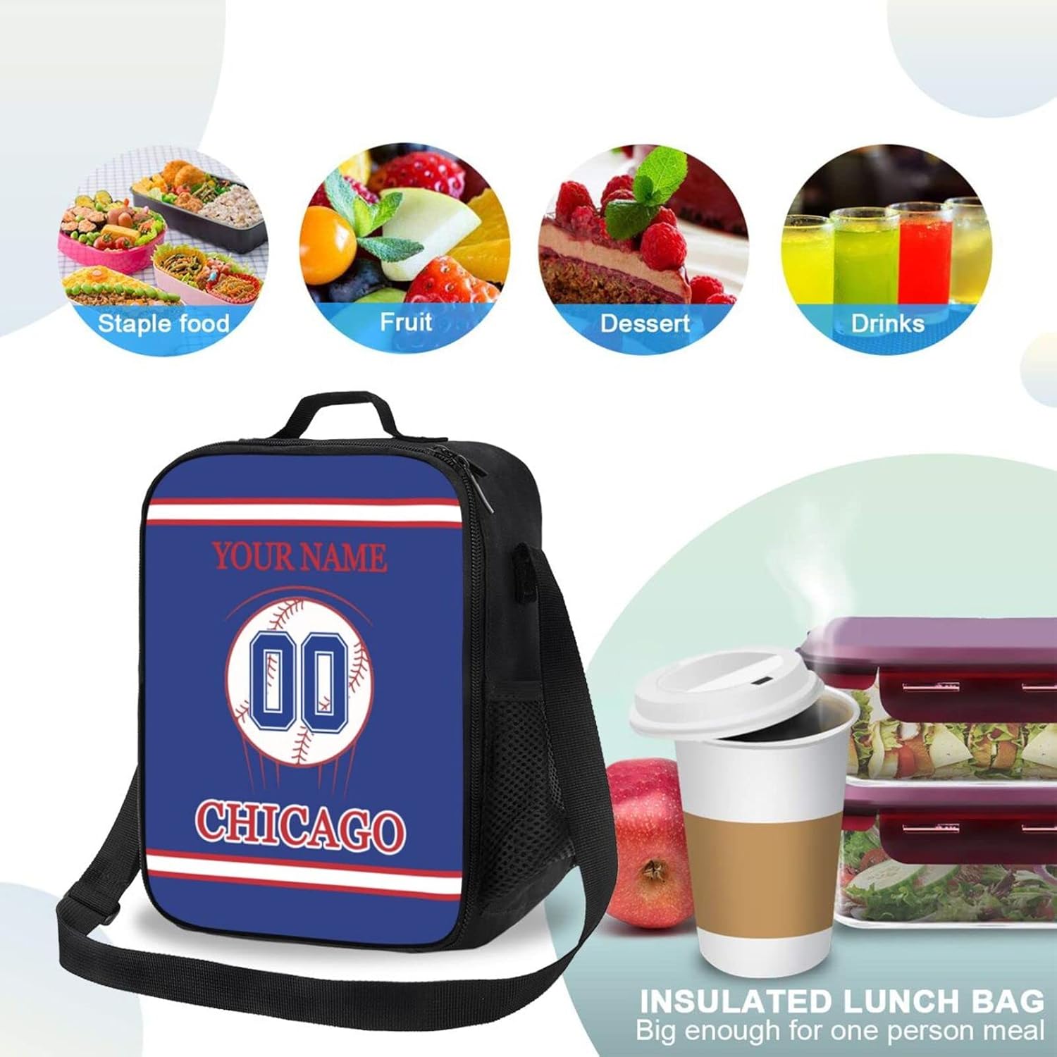 Chicago – Lonchera personalizada con cualquier nombre y cualquier número, correa ajustable personalizada, bolsas de almuerzo con aislamiento