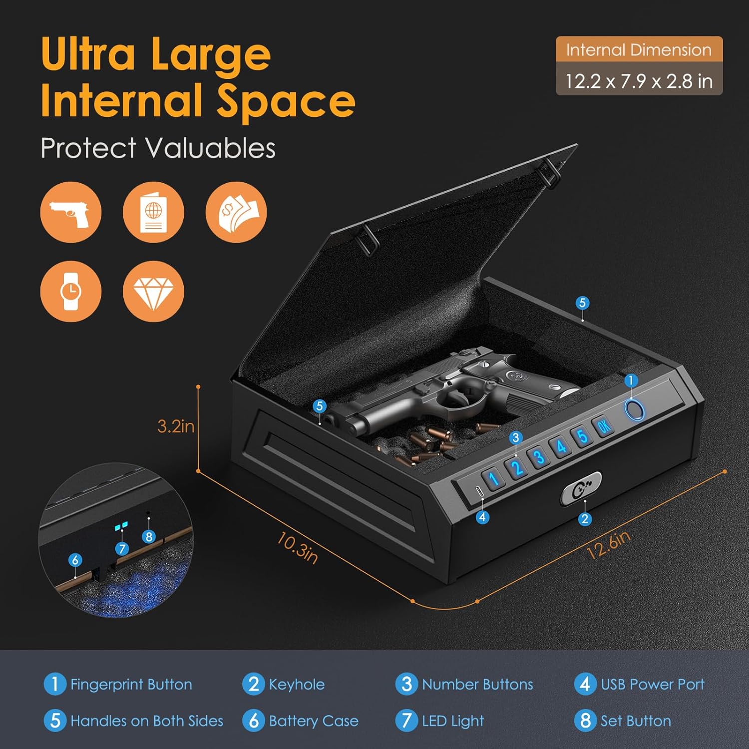 Gun Safe Biometric Handgun Safe, Fingerprint Pistol Safe 3-Ways Quick-Access Gun Safes for Pistols with Key and Keypad, Gun Lock Box for Pistols