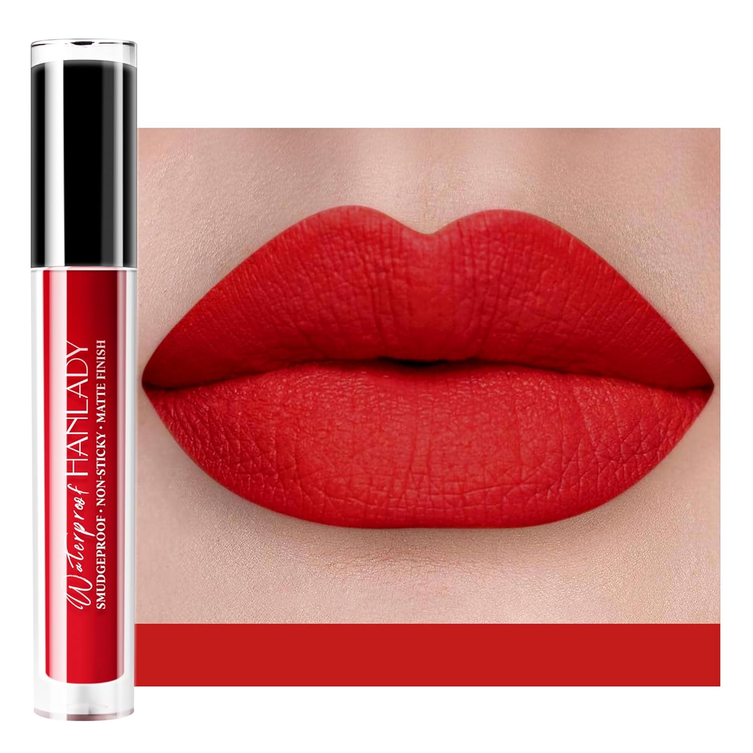 HANLADY Lápiz labial rojo brillante mate, lápiz labial líquido rojo rubí de larga duración para mujeres, a prueba de manchas, manchas de labios, sin