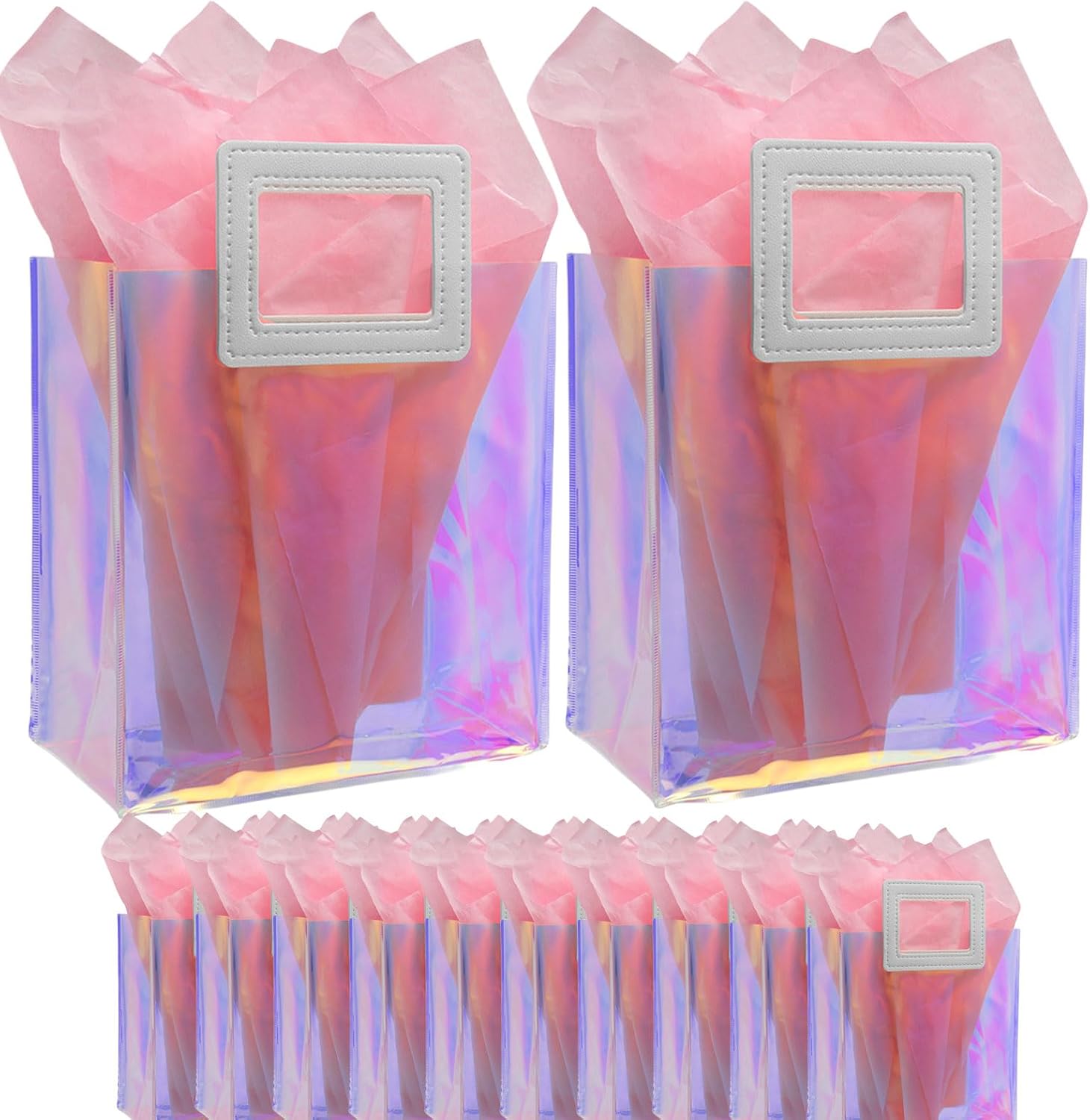 Caleihd 12 bolsas de regalo holográficas transparentes con papel de seda, bolsas de regalo de 7.9 x 7.1 x 3.9 pulgadas con asas, bolsas de regalo,