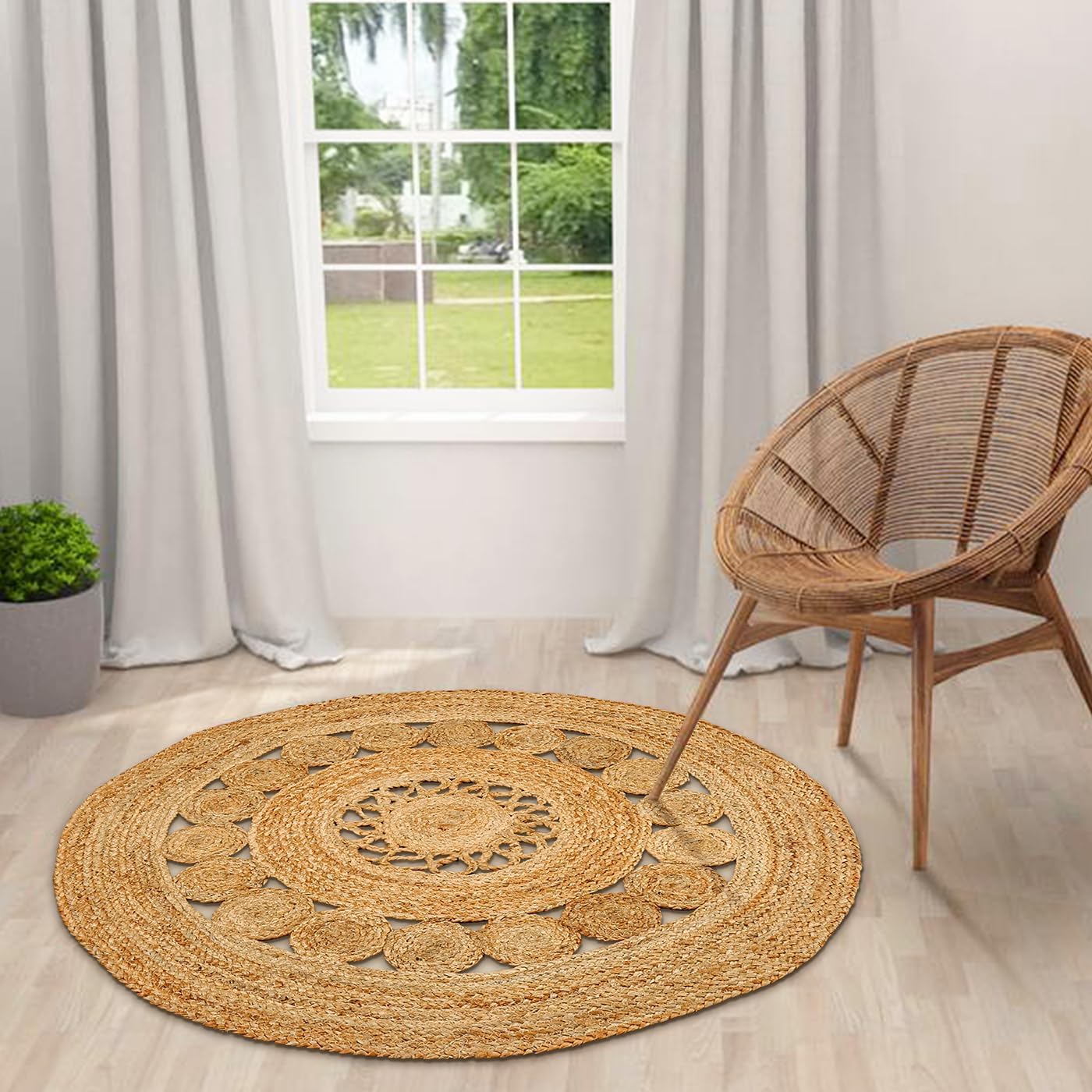 Alfombra de área beige  Alfombra circular trenzada de 5 pies para sala de estar de alto tráfico  Alfombra rústica decorativa de yute de ratán
