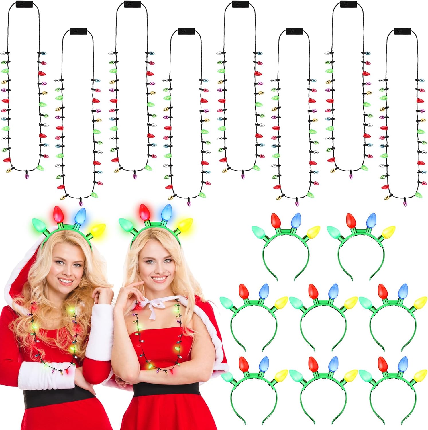 Equsion 16 piezas de collar de luz de Navidad y diadema iluminados, mini bombillas LED, bombilla brillante, diadema de Navidad, collar intermitente,