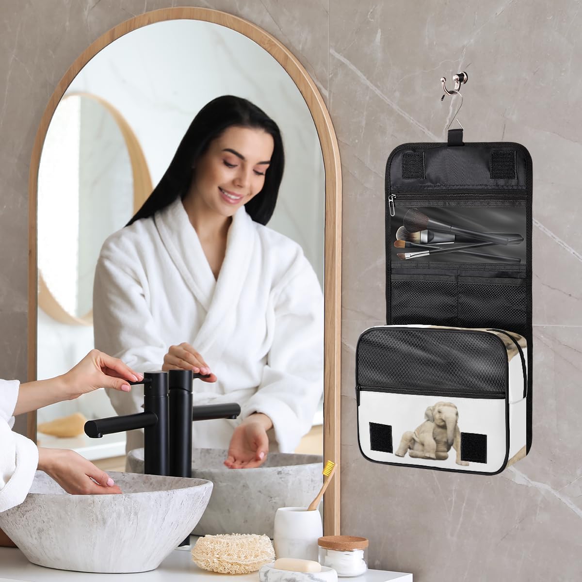 QsirBC Bolsa de aseo de elefante lindo de animales para mujer, organizador de maquillaje de viaje con gancho para colgar, bolsas de cosméticos de