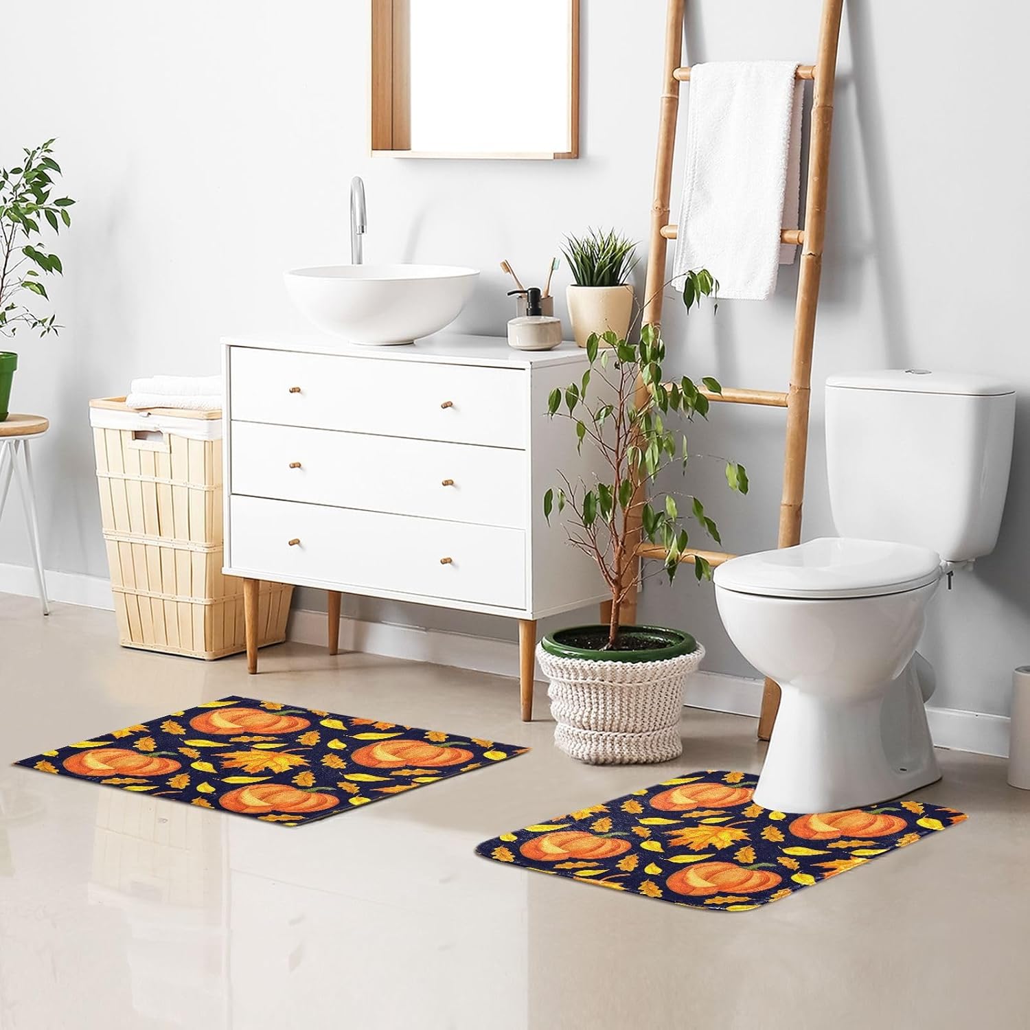 Bathroom Rugs Sets 2 Piece 24×16+24×20 Inch,Soft U-Shaped Contour Toilet Rug Orange Pumpkins Watercolor Non-Slip Absorbent Bath Floor Mat Carpet Set