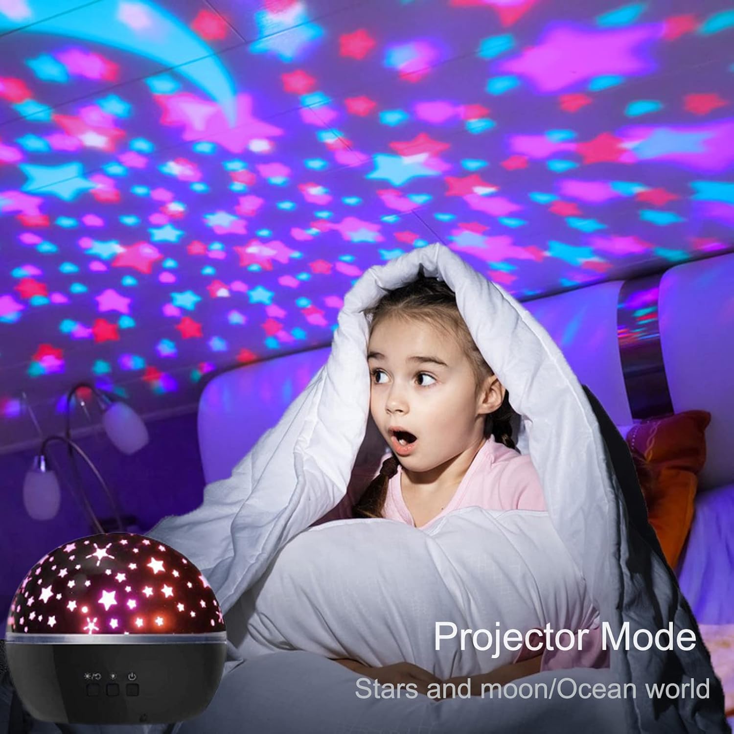 Proyector de luz nocturna de rotación de 360 grados para niños, proyector de luna y estrella, luz nocturna de 8 colores cambiantes, luces nocturnas