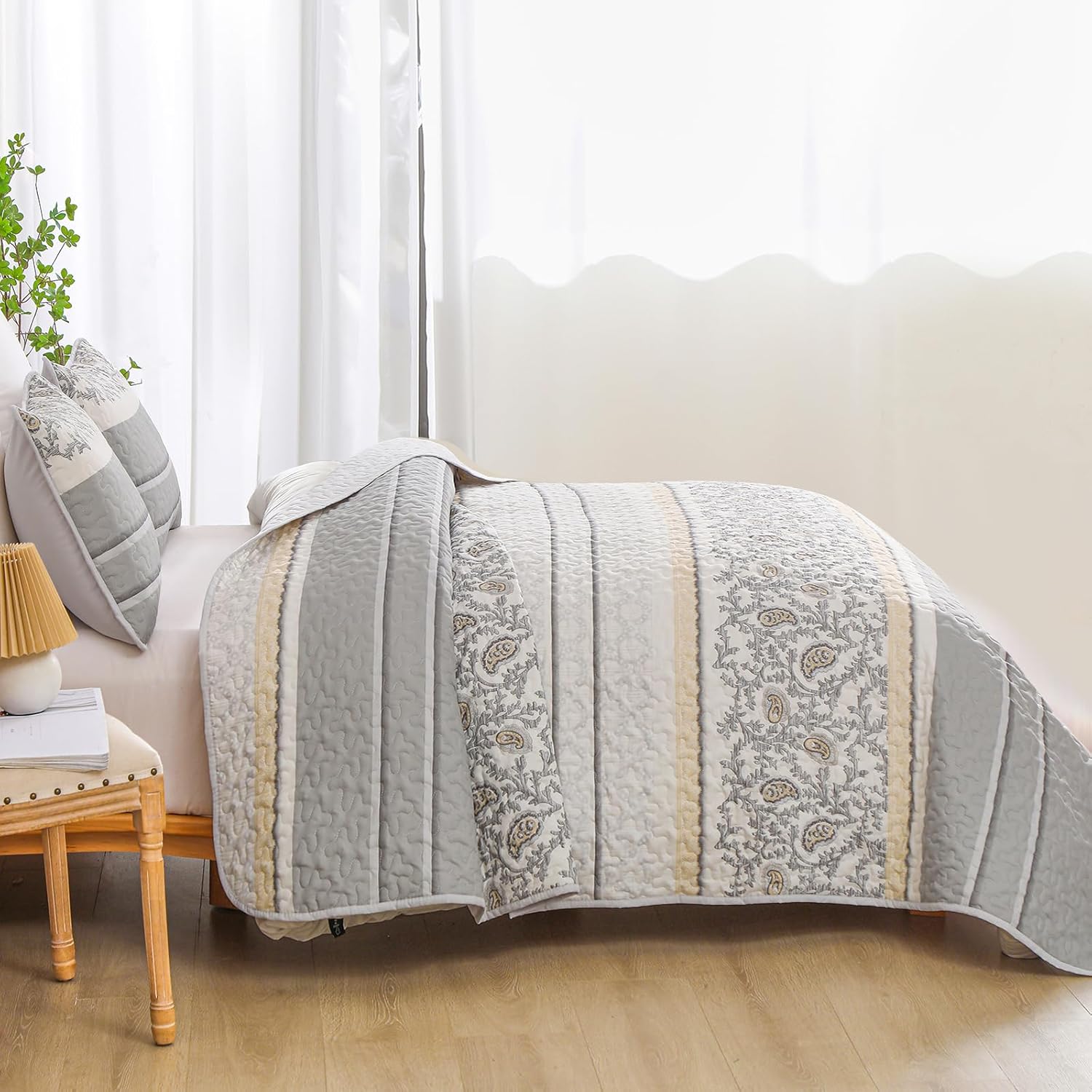 Anibedding Juego de edredón gris tamaño King de 3 piezas con estampado de cachemira, reversible, bohemio, a rayas, con 2 fundas de almohada, para