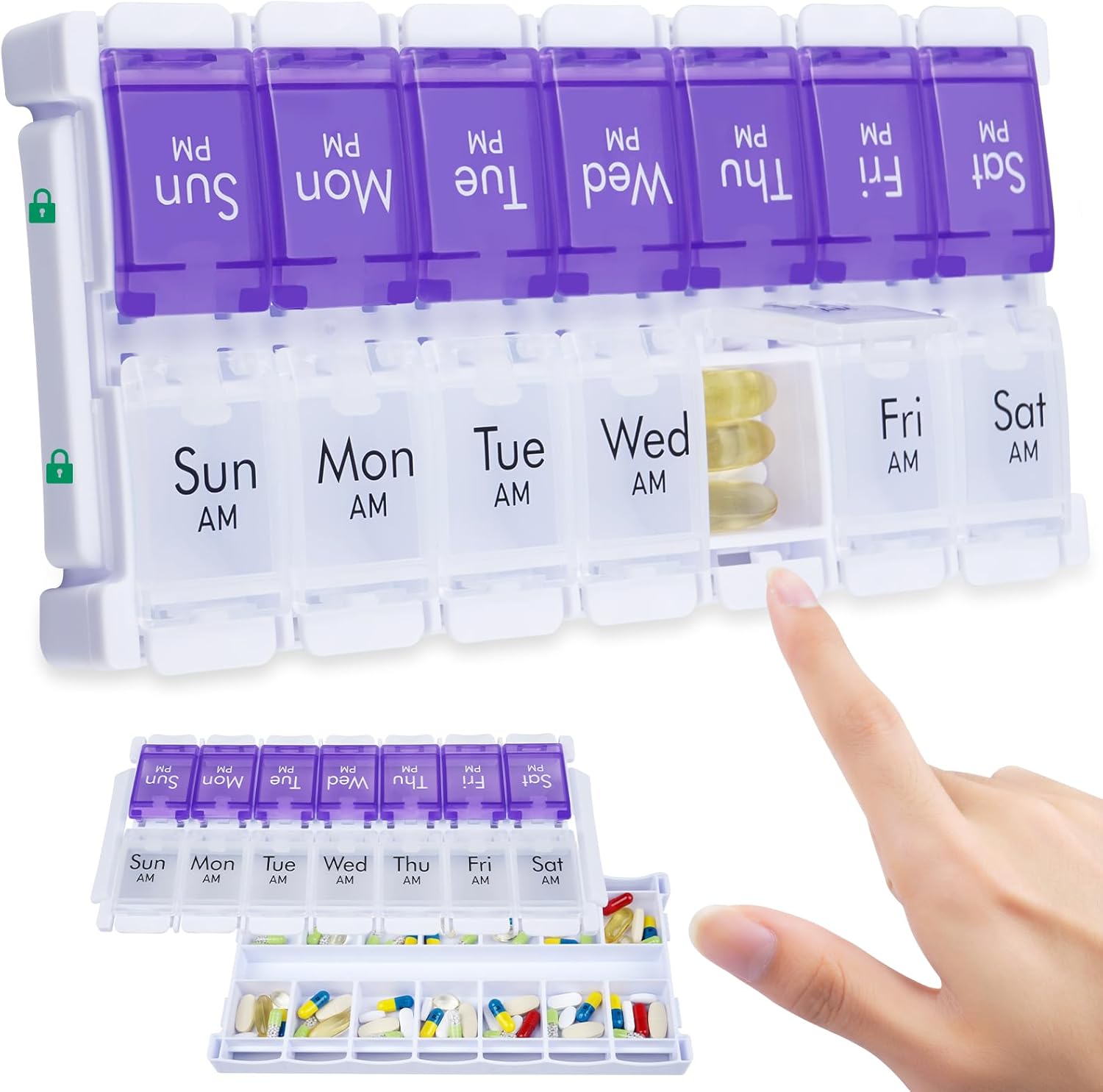 MERICARGO Organizador semanal de pastillas 2 veces al día, pastillero grande fácil de llenar 7 días, organizador de medicamentos Am Pm, pastillero