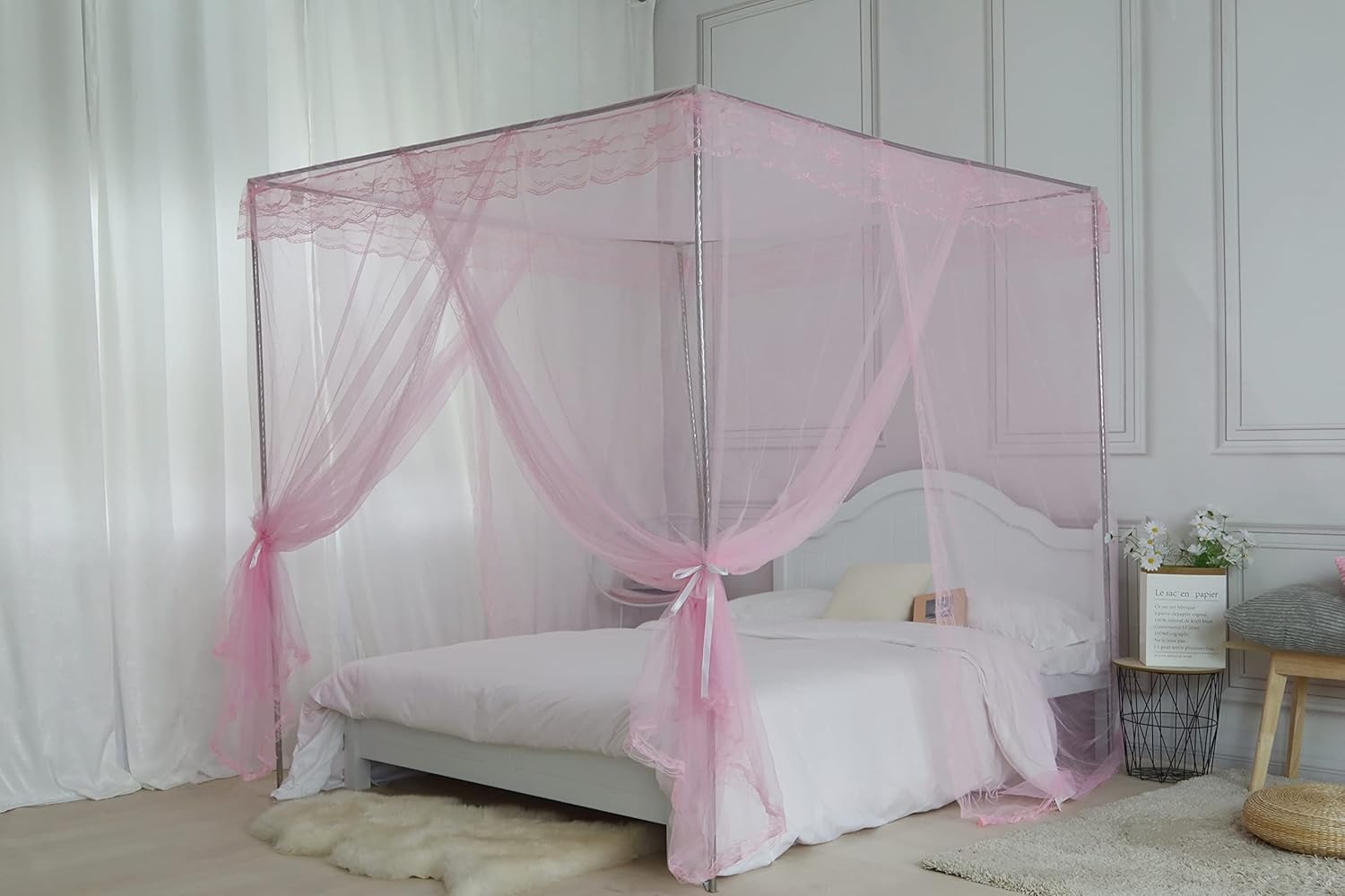 Toldo de cama, red de cortina de cama de princesa para niñas y adultos, red rectangular de cúpula de encaje de tres puertas (rosa, Queen)