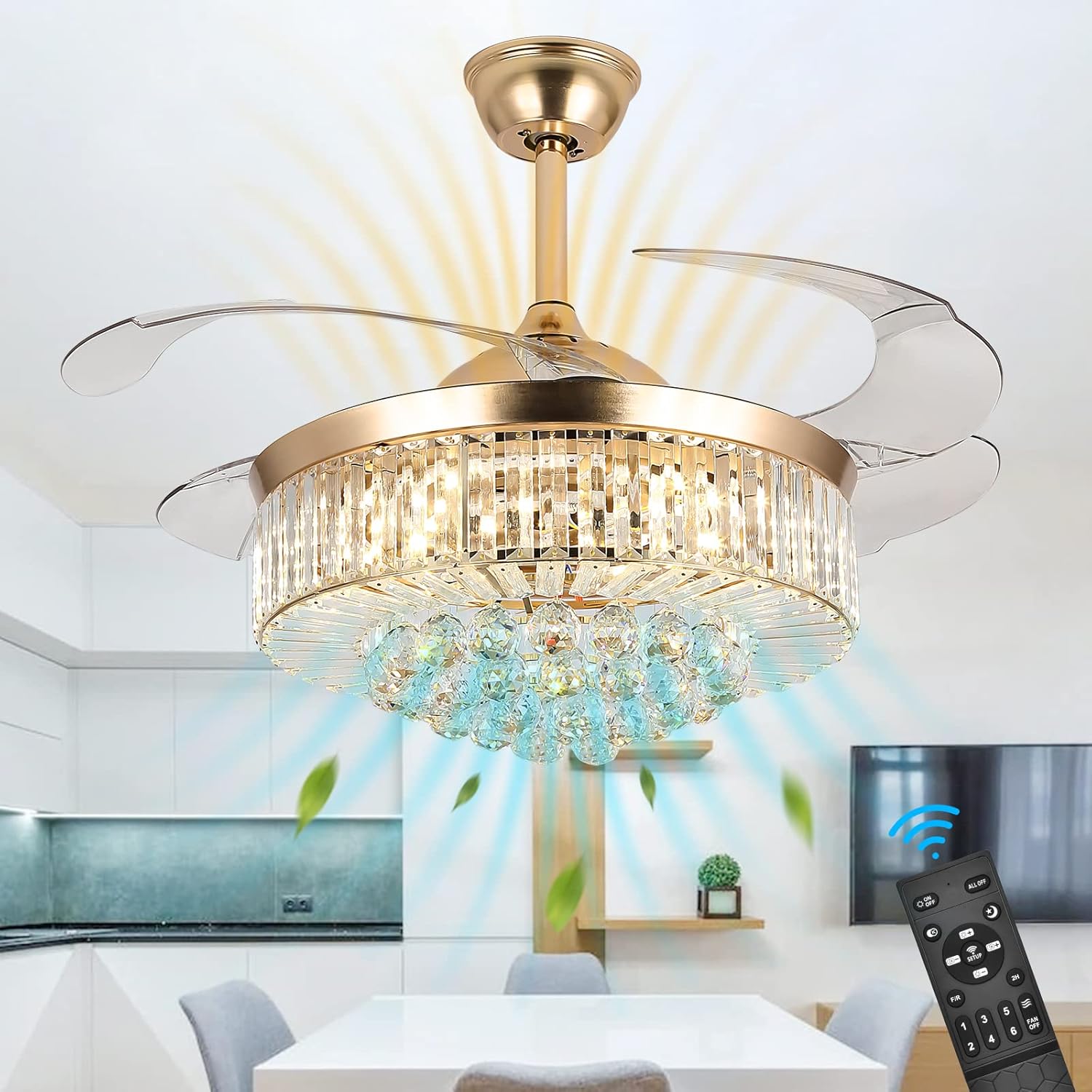 Ventilador de techo de cristal de 42 pulgadas con luces y control remoto, kit de luz LED invisible con cuchillas retráctiles para sala de estar y