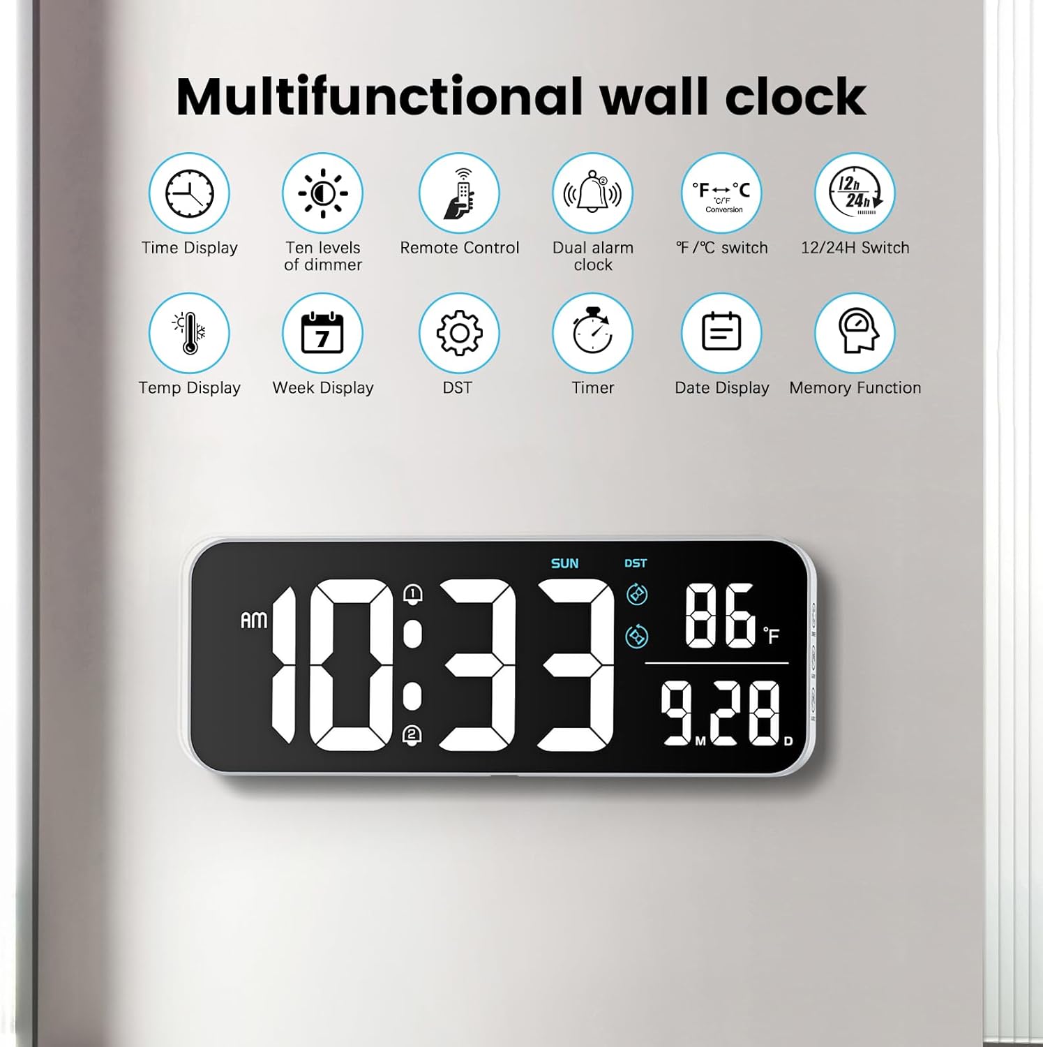 Deeyaple Reloj de pared digital, pantalla LED de 14.6 pulgadas, pantalla grande, fecha, temperatura, 1224 horas, control remoto, 10 brillo