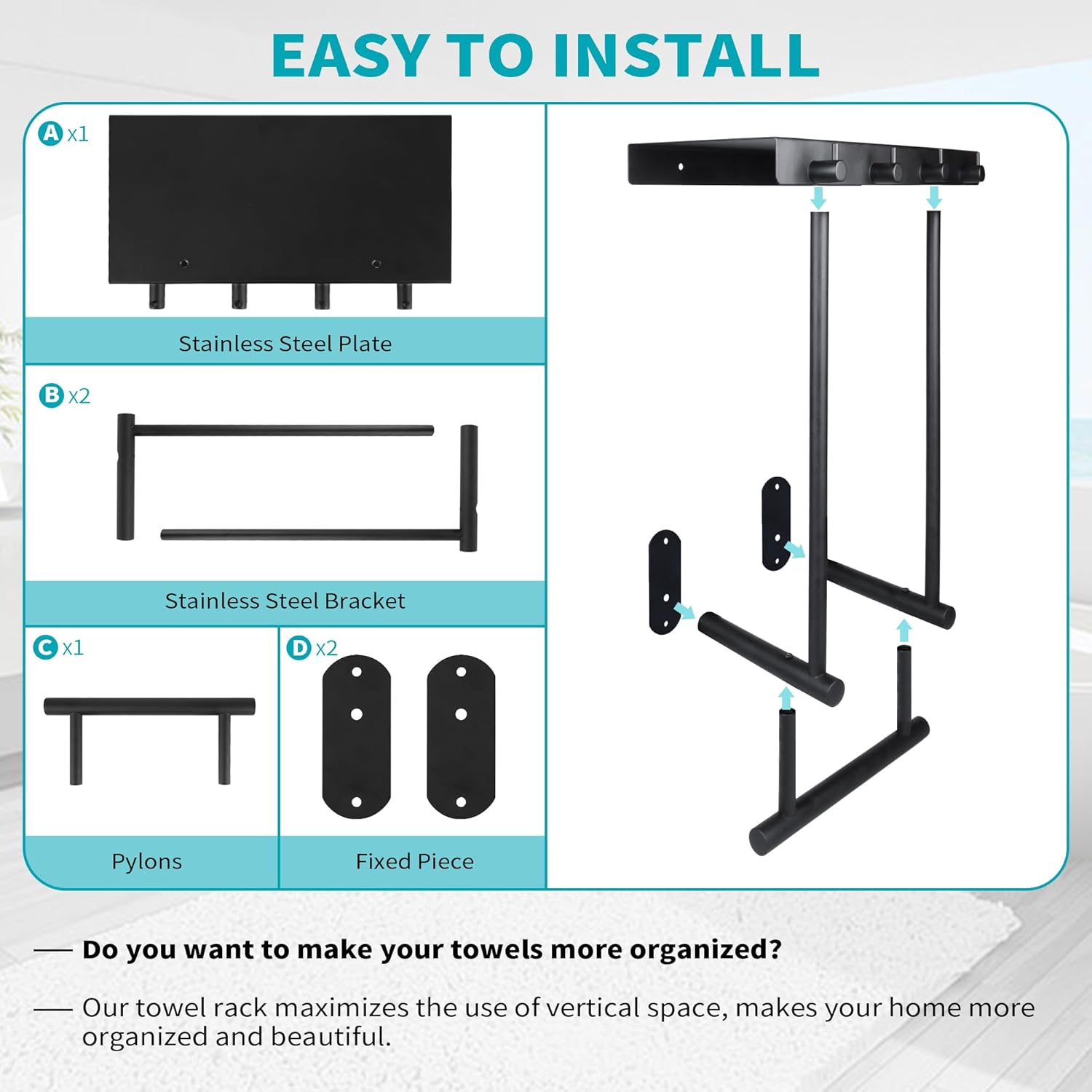 Toallero montado en la pared con estante de metal y 4 ganchos, toallero de acero inoxidable para baño pequeño, almacenamiento de toallas de baño,